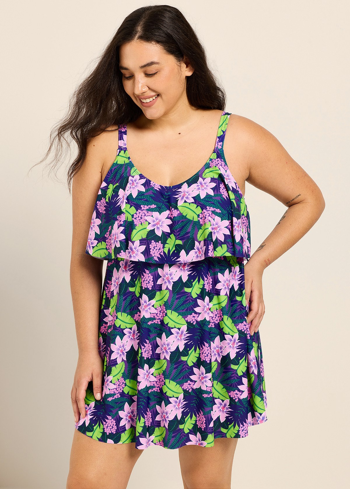Purple Floral Layered Ruffle Trim Adjustable Strap Elegant Plus Size Swimsuit One Piece Swimdress