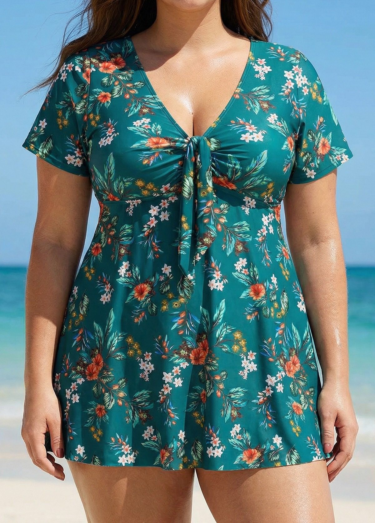 Green V Neck Floral Print Front Twisted Trendy Ruffle Swimdesse Set