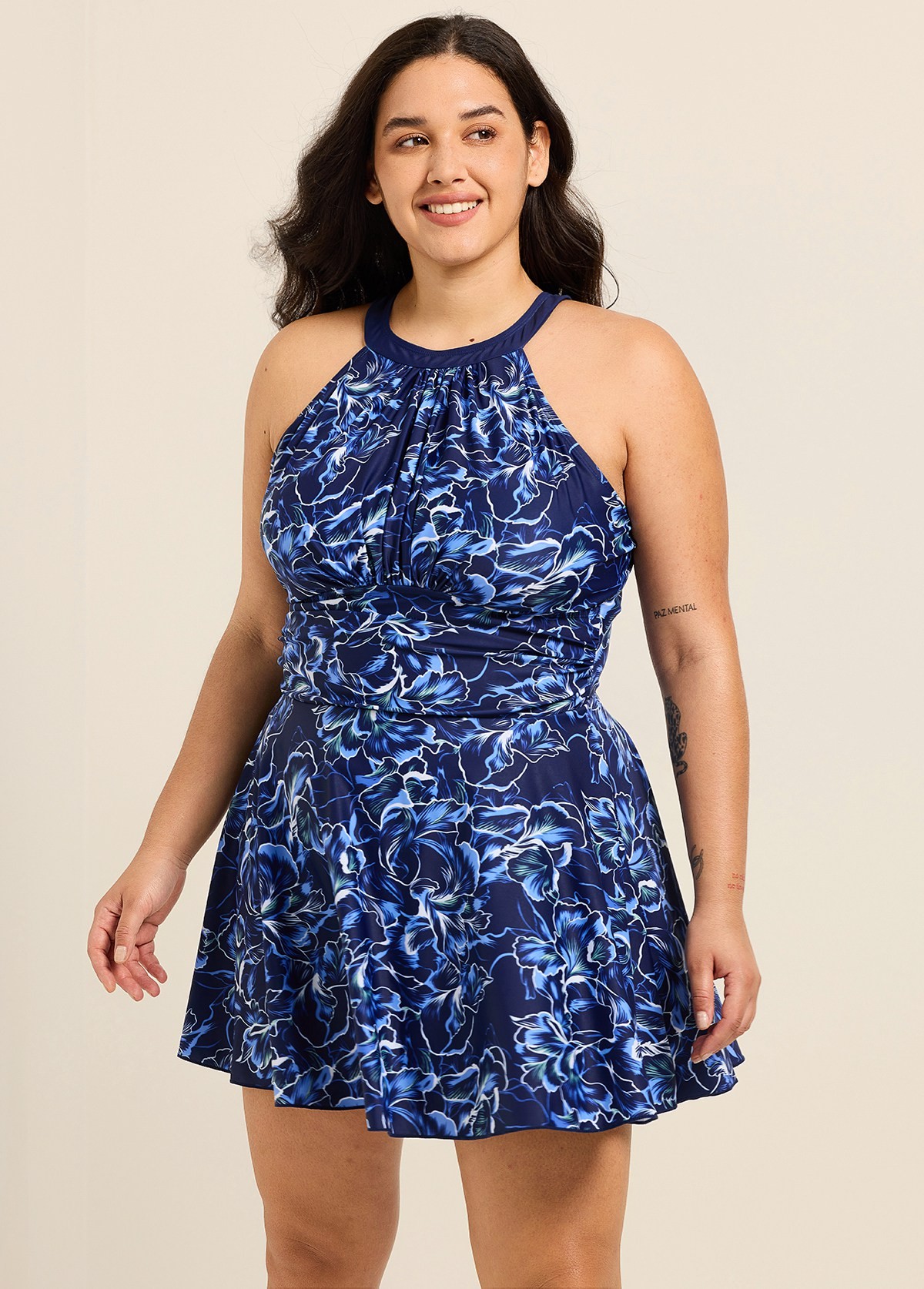 Curvy Navy Floral High Neck Flattering Ruched Women's Swimsuit Swimdress Set