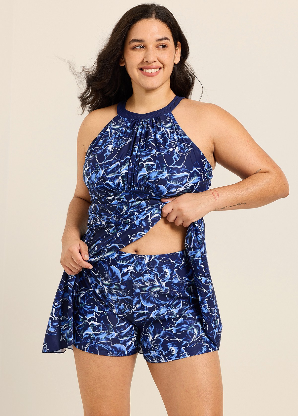 Curvy Navy Floral High Neck Flattering Ruched Women's Swimsuit Swimdress Set