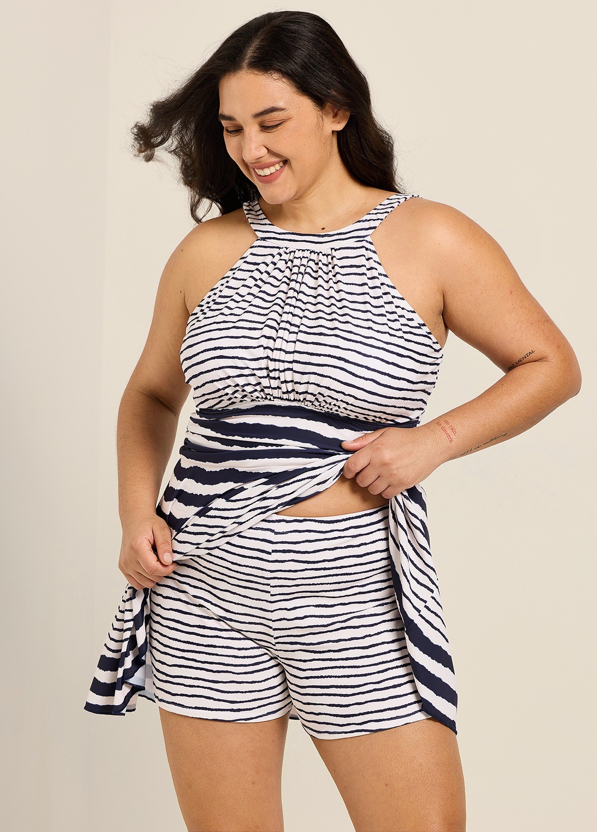 Navy Cream Ethnic Striped High Neck Modest Plus Size Swimsuit Swimdress Set