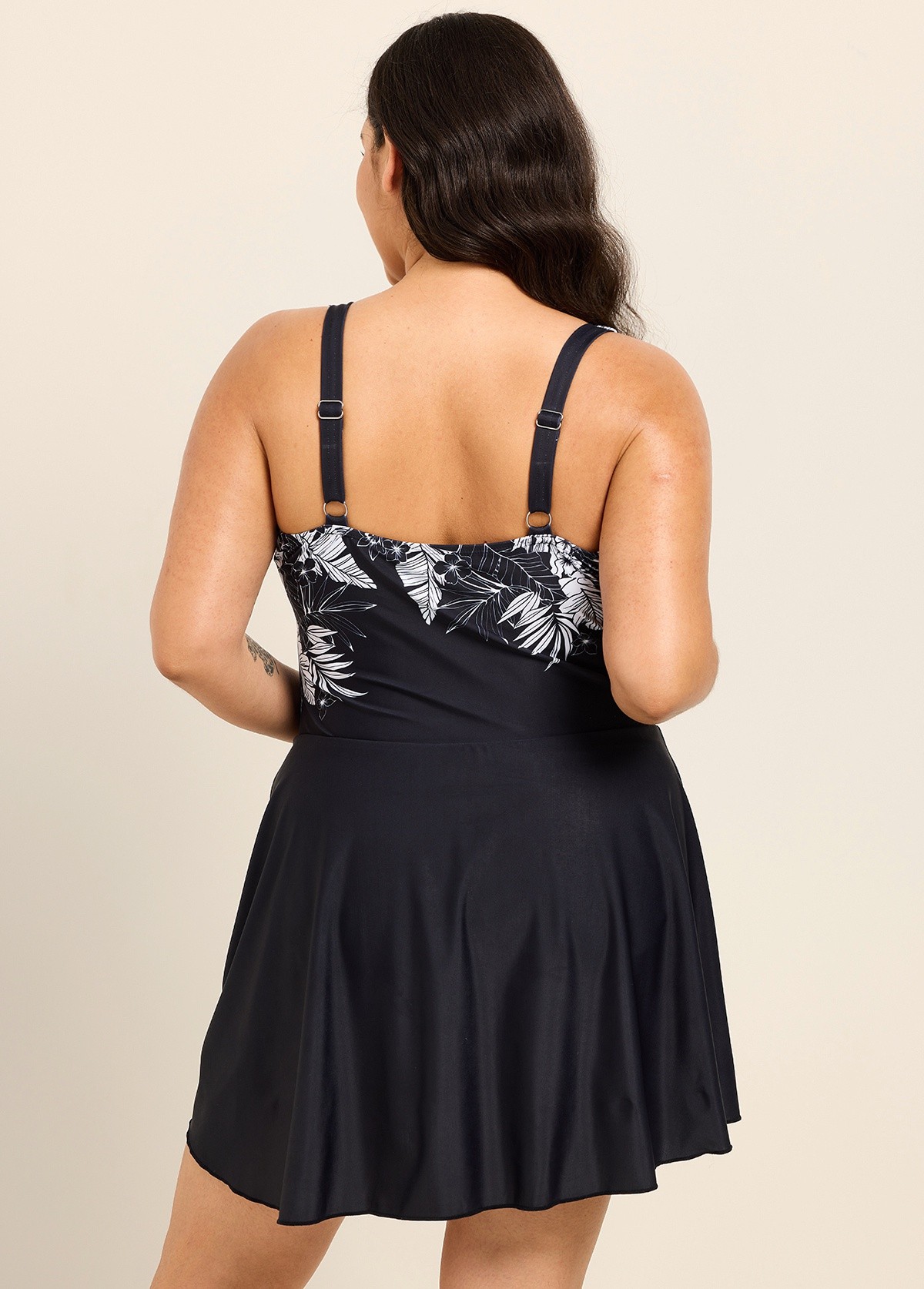 Plus Size Black Tropical Floral Print Square Neck Vintage Side Knot Swimsuit One Piece Swimdress