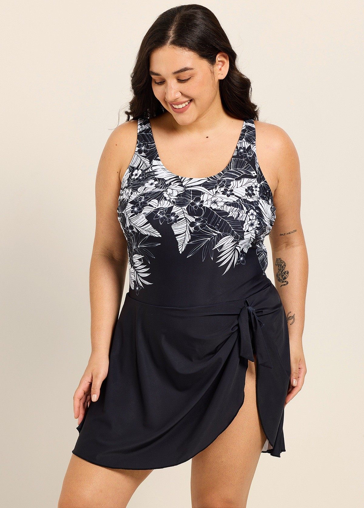 Plus Size Black Tropical Floral Print Square Neck Vintage Side Knot Swimsuit One Piece Swimdress