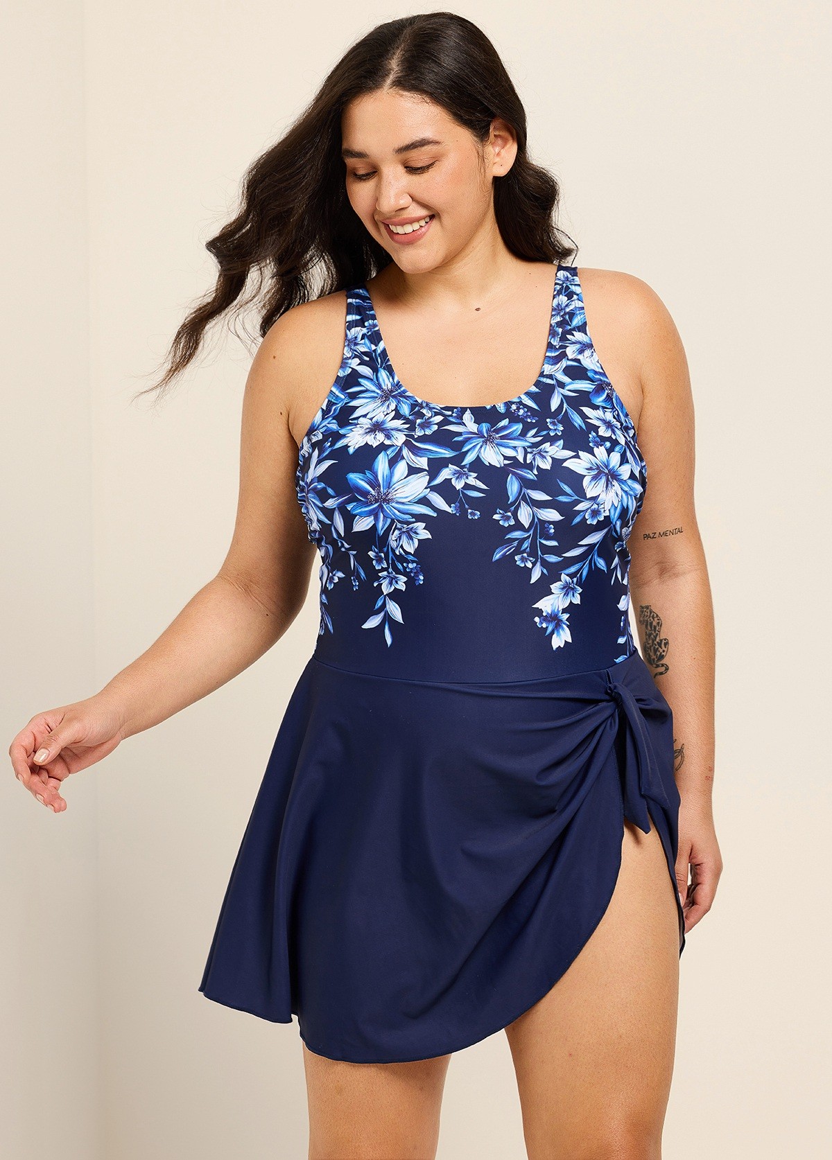 Curvy Navy Blue Floral Print Square Neck Vintage Side Knot Swimsuit One Piece Swimdress
