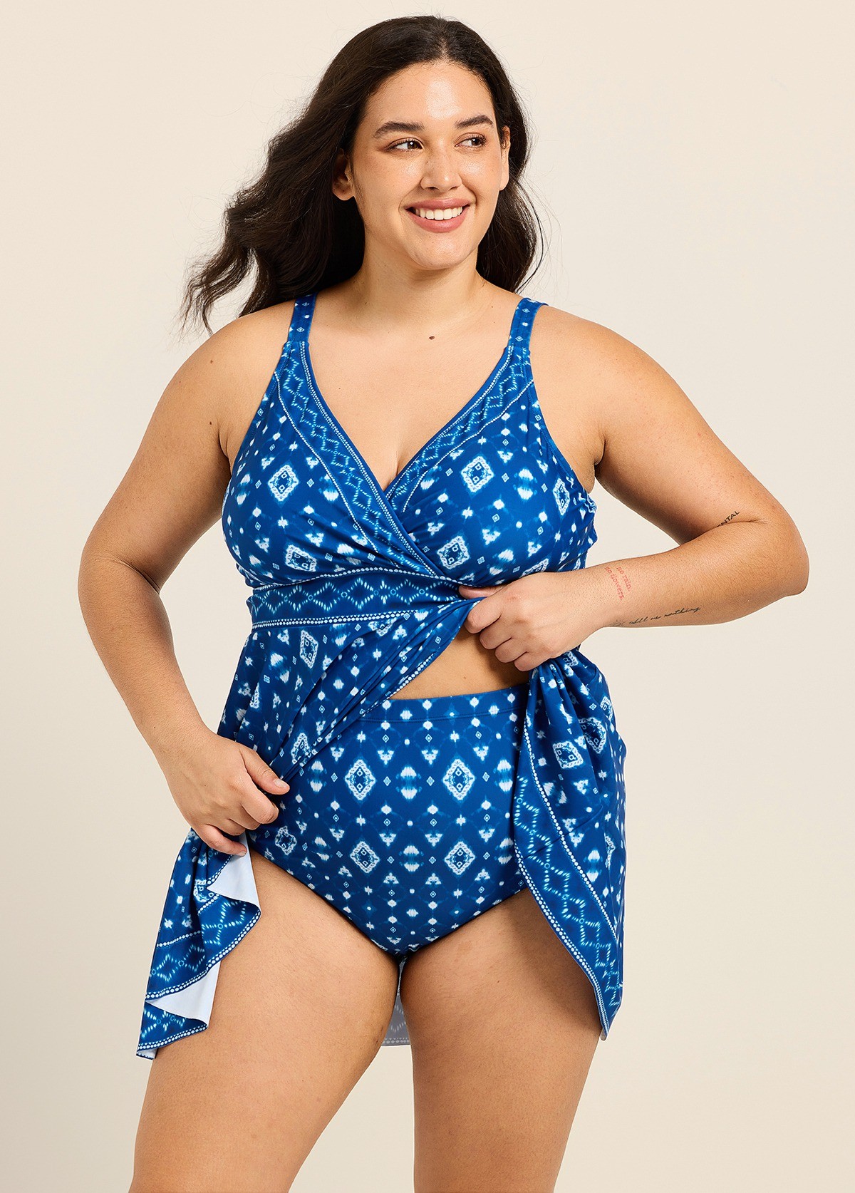 Curvy Dark Blue White Geometric V Neck Sleeveless Vintage Women's Swimsuit Swimdress Set