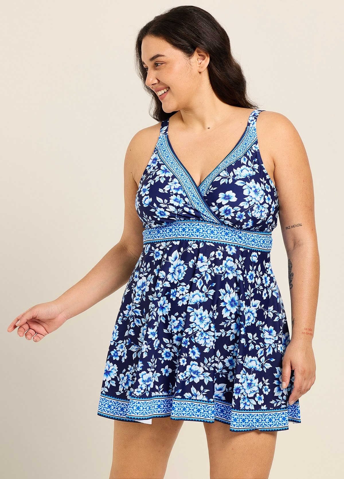 Plus Size Navy Floral V Neck Sleeveless Modest Women's Swimsuit Swimdress Set