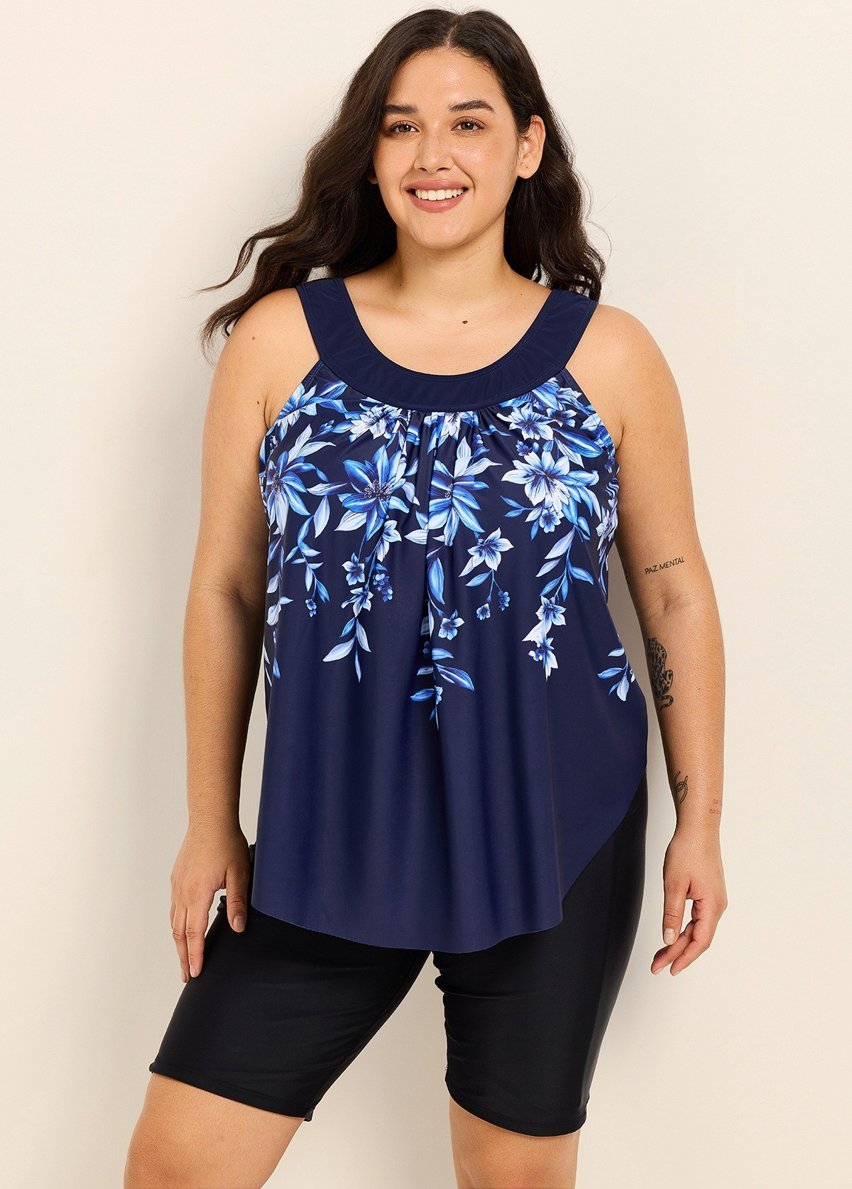 Navy Blue Floral Print Scoop Neck Vintage Curvy Women's Swimsuit Tankini Top