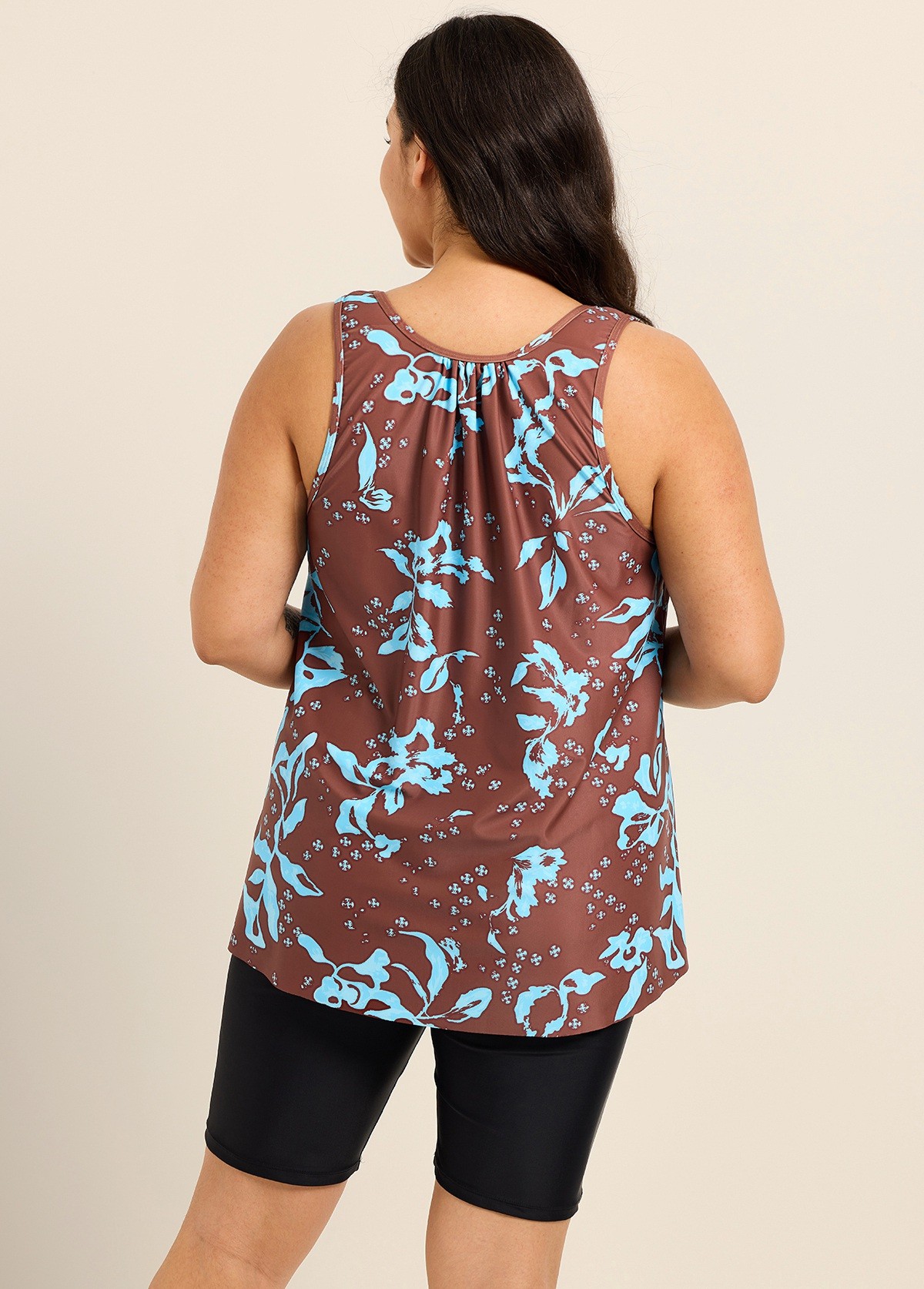 Curvy Brown Blue Tropical Leaf Vintage Wide Strap Loose Fit Plus Size Swimsuit Long Tankini Top