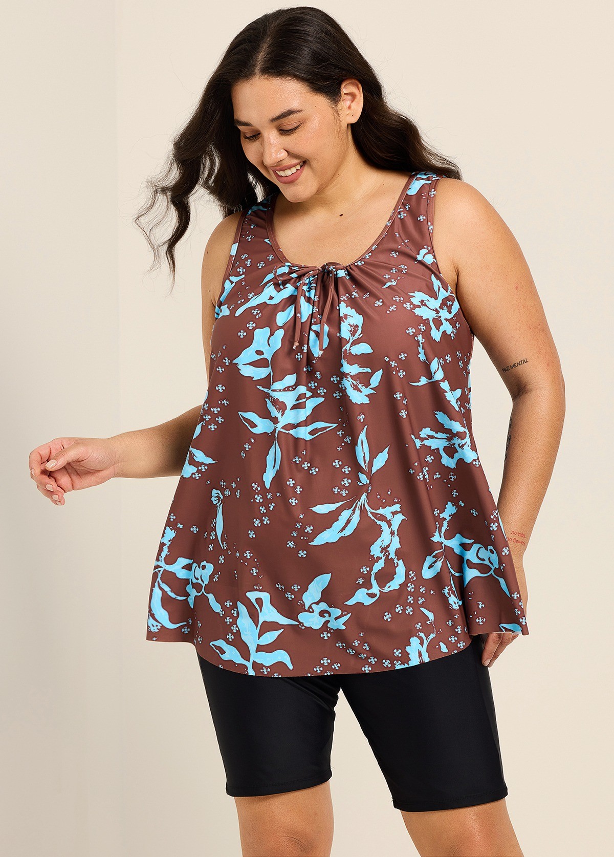 Curvy Brown Blue Tropical Leaf Vintage Wide Strap Loose Fit Plus Size Swimsuit Long Tankini Top