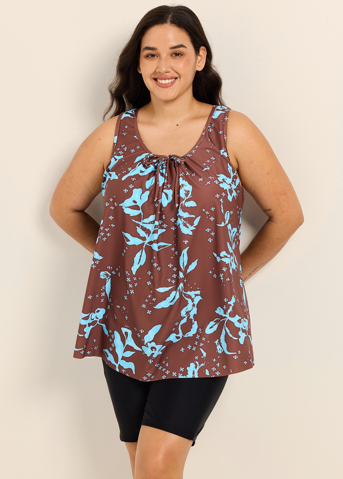 Curvy Brown Blue Tropical Leaf Vintage Wide Strap Loose Fit Plus Size Swimsuit Long Tankini Top