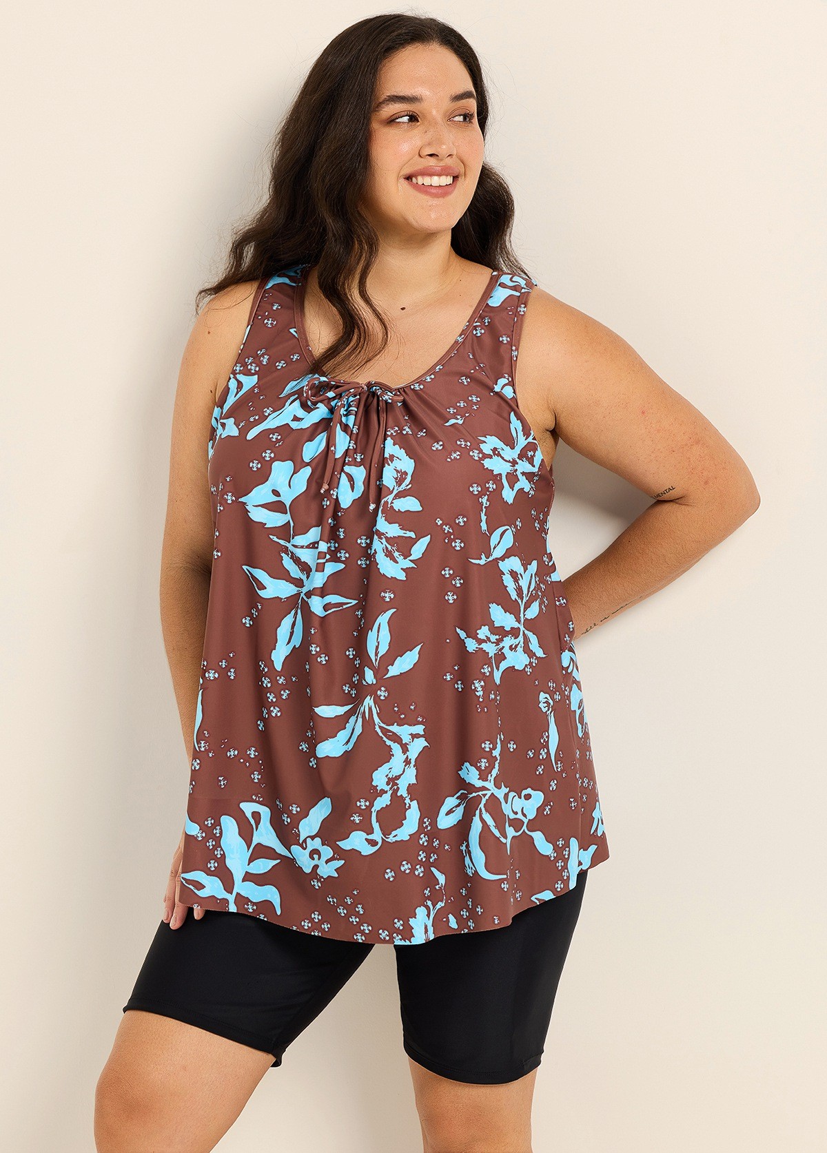 Curvy Brown Blue Tropical Leaf Vintage Wide Strap Loose Fit Plus Size Swimsuit Long Tankini Top