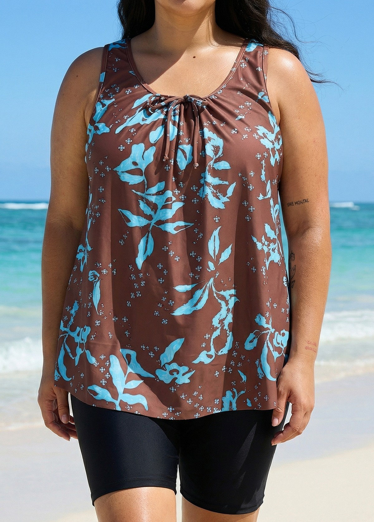 Curvy Brown Blue Tropical Leaf Vintage Wide Strap Loose Fit Plus Size Swimsuit Long Tankini Top
