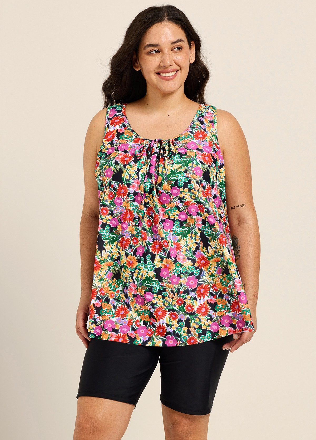 Plus Size Red Floral Scoop Neck Vintage Wide Strap Loose Fit Women's Swimsuit Tankini Top