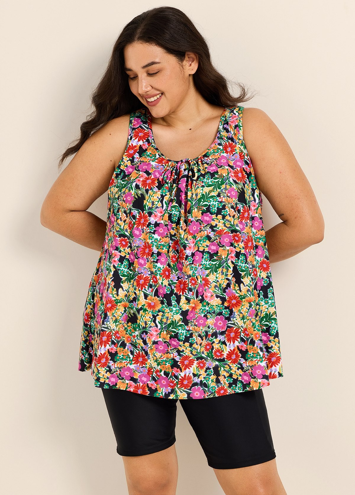 Plus Size Red Floral Scoop Neck Vintage Wide Strap Loose Fit Women's Swimsuit Tankini Top