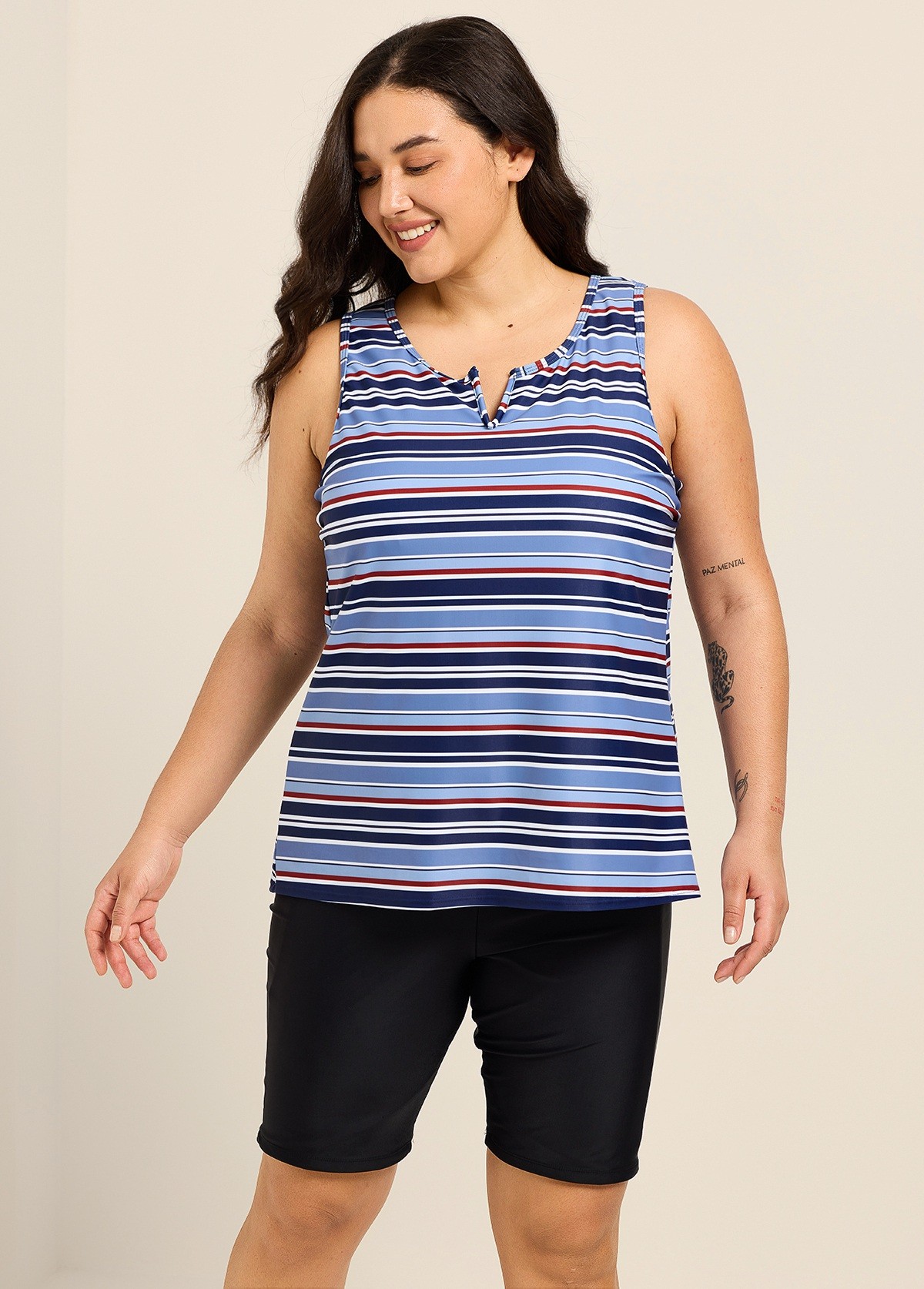 Navy Stripe V Neck Sleeveless Modest Padded Plus Size Women's Swimsuit Tankini Top