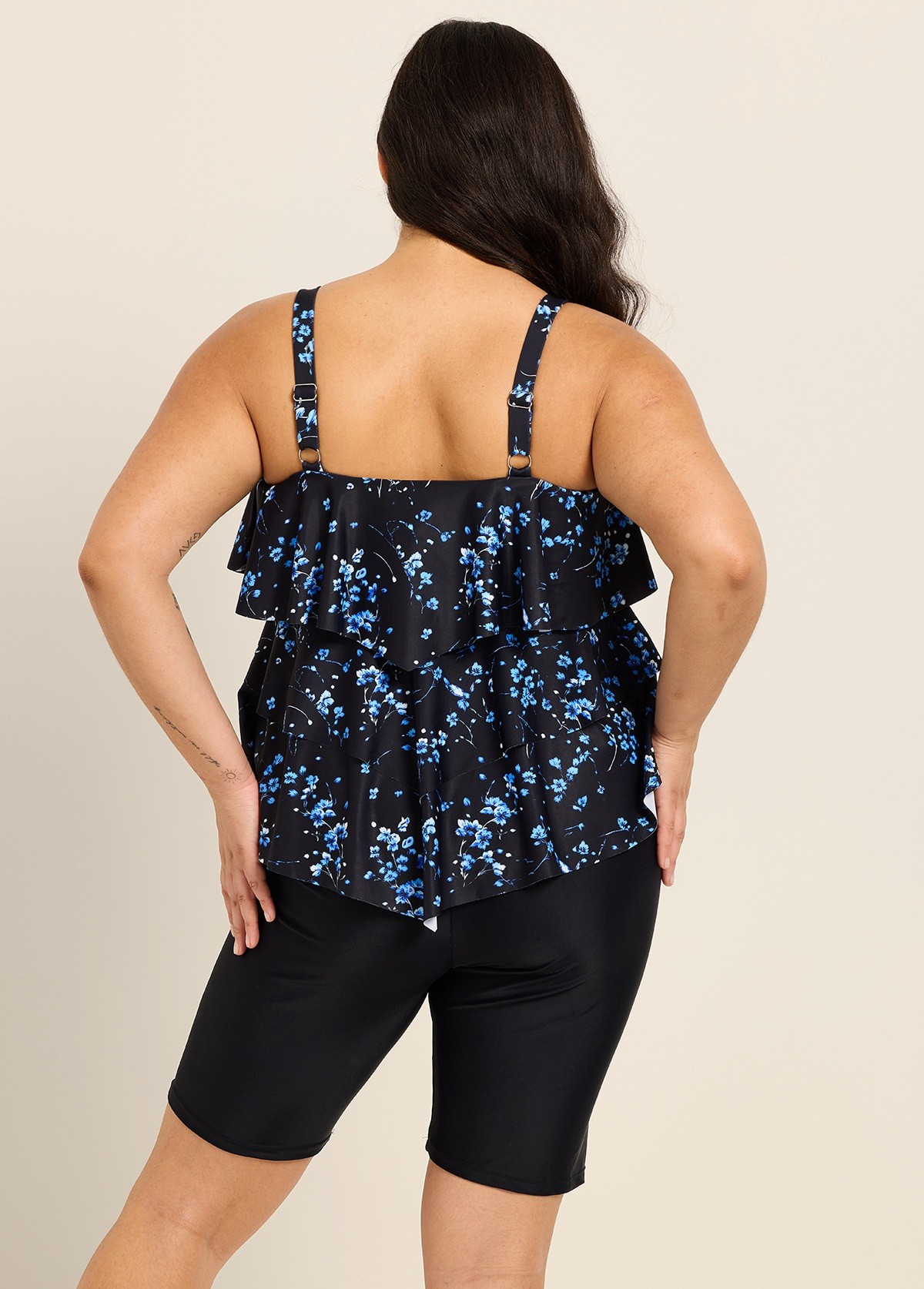 Black Floral Print Modest Layered Ruffles Plus Size Women's Swimsuit Tankini Top