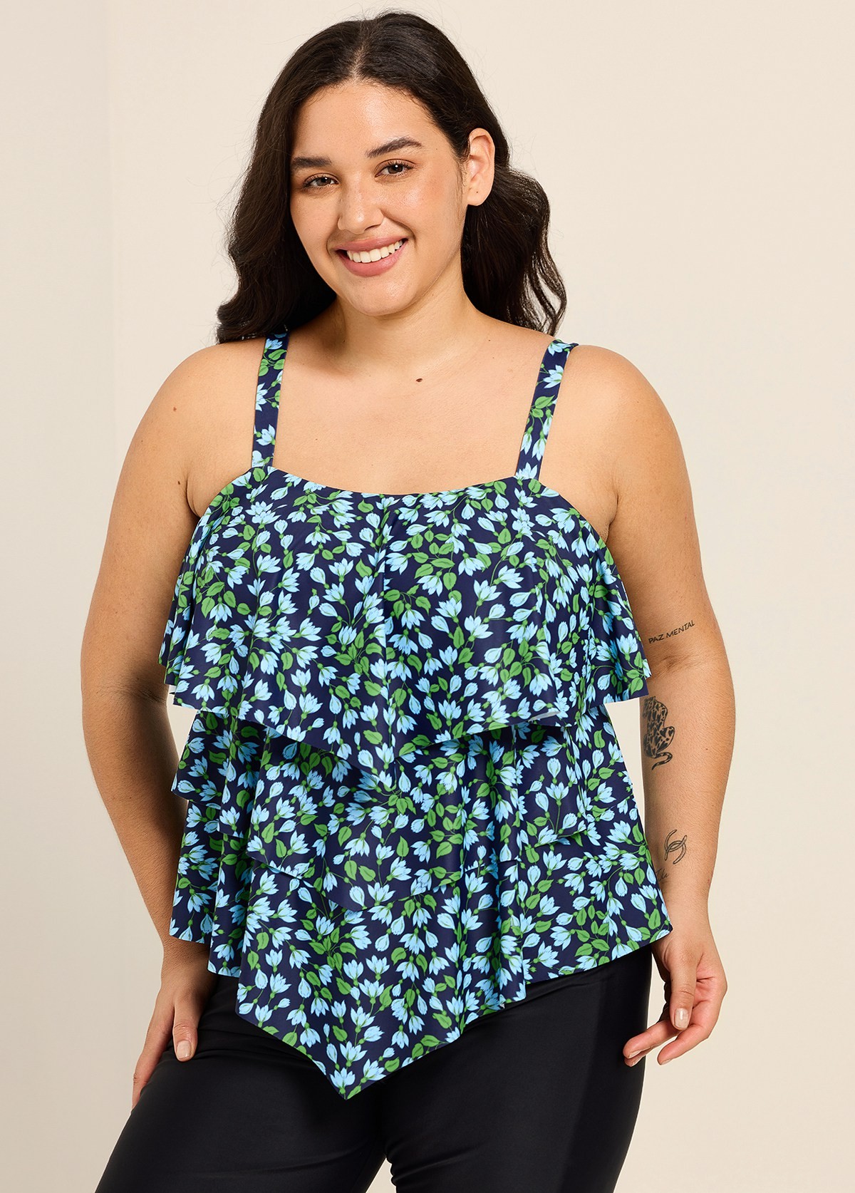 Blue Green Floral Vintage Layered Ruffles Curvy Women's Swimsuit Tankini Top