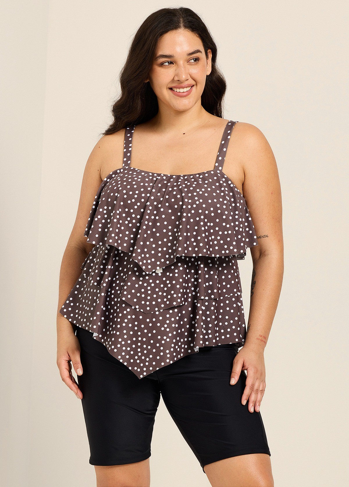 Plus Size Brown White Polka Dot Flattering Layered Ruffles Plus Size Women's Swimsuit Tankini Top