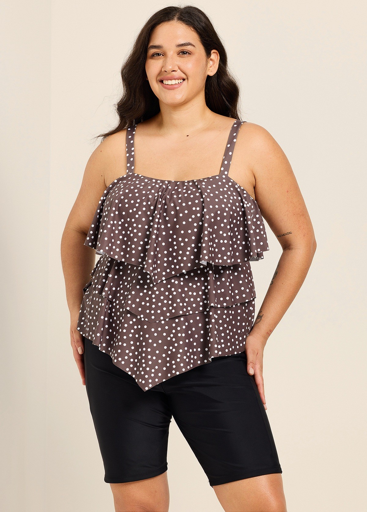 Plus Size Brown White Polka Dot Flattering Layered Ruffles Plus Size Women's Swimsuit Tankini Top