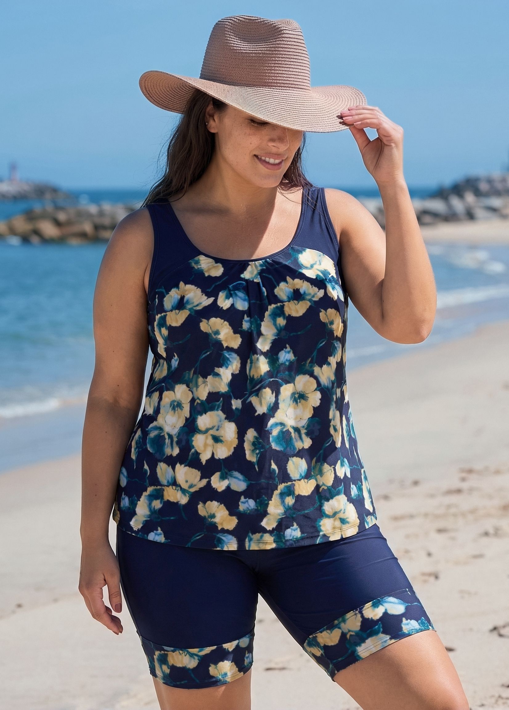 Curvy Navy Floral Scoop Neck Sleeveless Flattering Padded Curvy Swimsuit Tankini Set