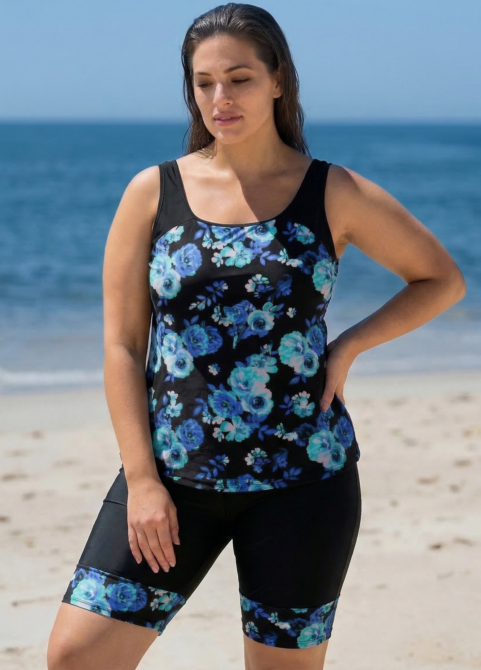 Plus Size Black Floral Scoop Neck Sleeveless Vintage Padded Curvy Swimsuit Tankini Set
