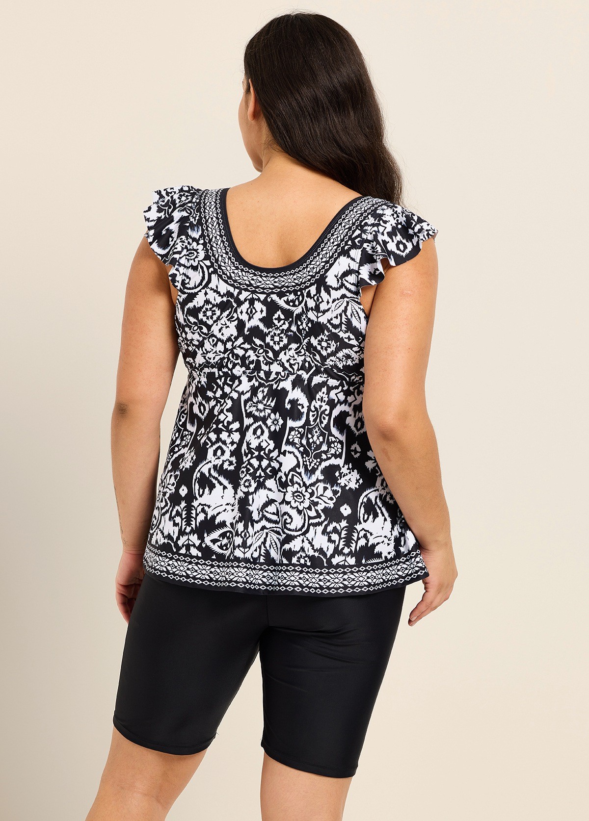 Plus Size Black White Geometric V Neck Cap Sleeves Modest Ruffle Swimsuit Tankini Top