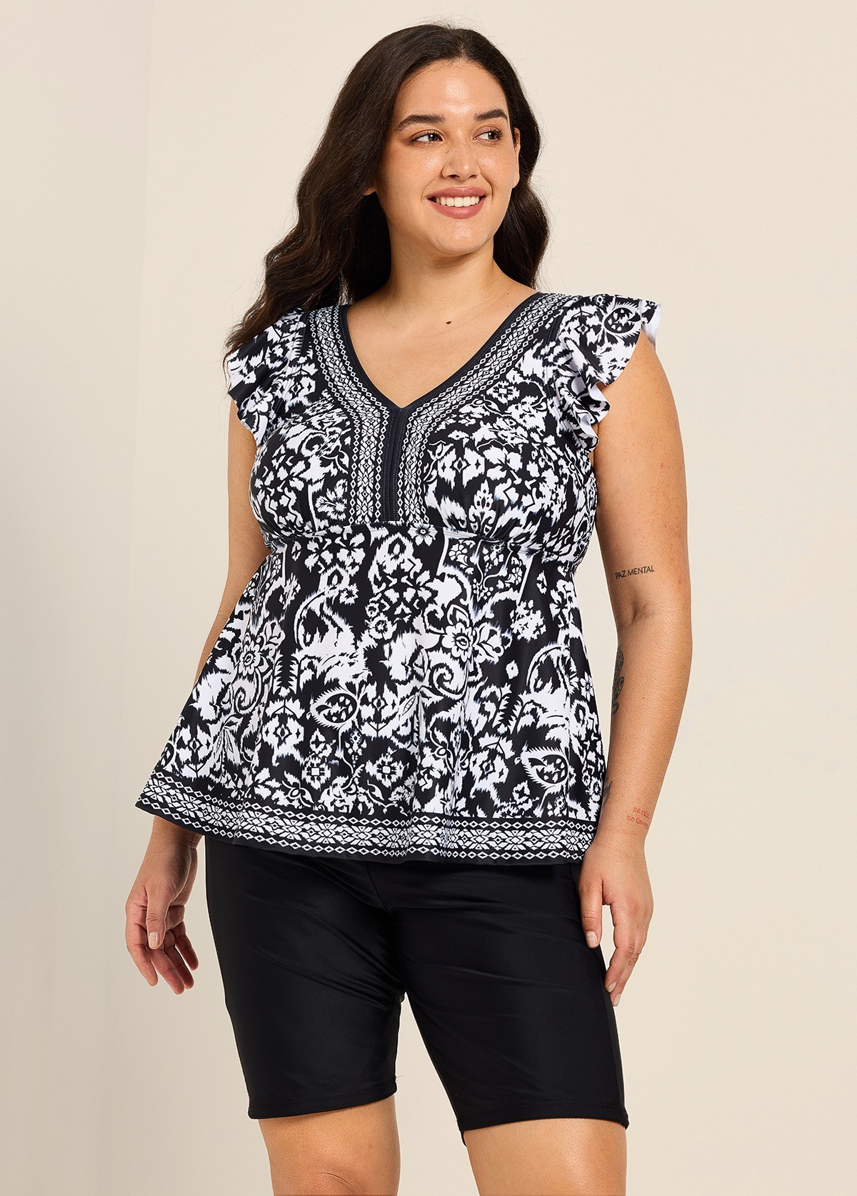 Plus Size Black White Geometric V Neck Cap Sleeves Modest Ruffle Swimsuit Tankini Top
