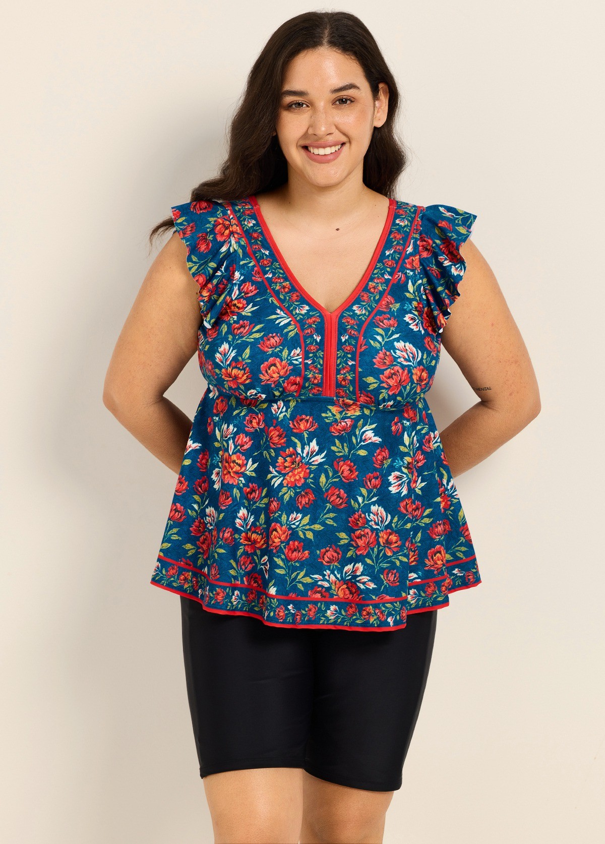 Curvy Blue Red Floral V Neck Cap Sleeves Vintage Ruffle Swimsuit Tankini Top