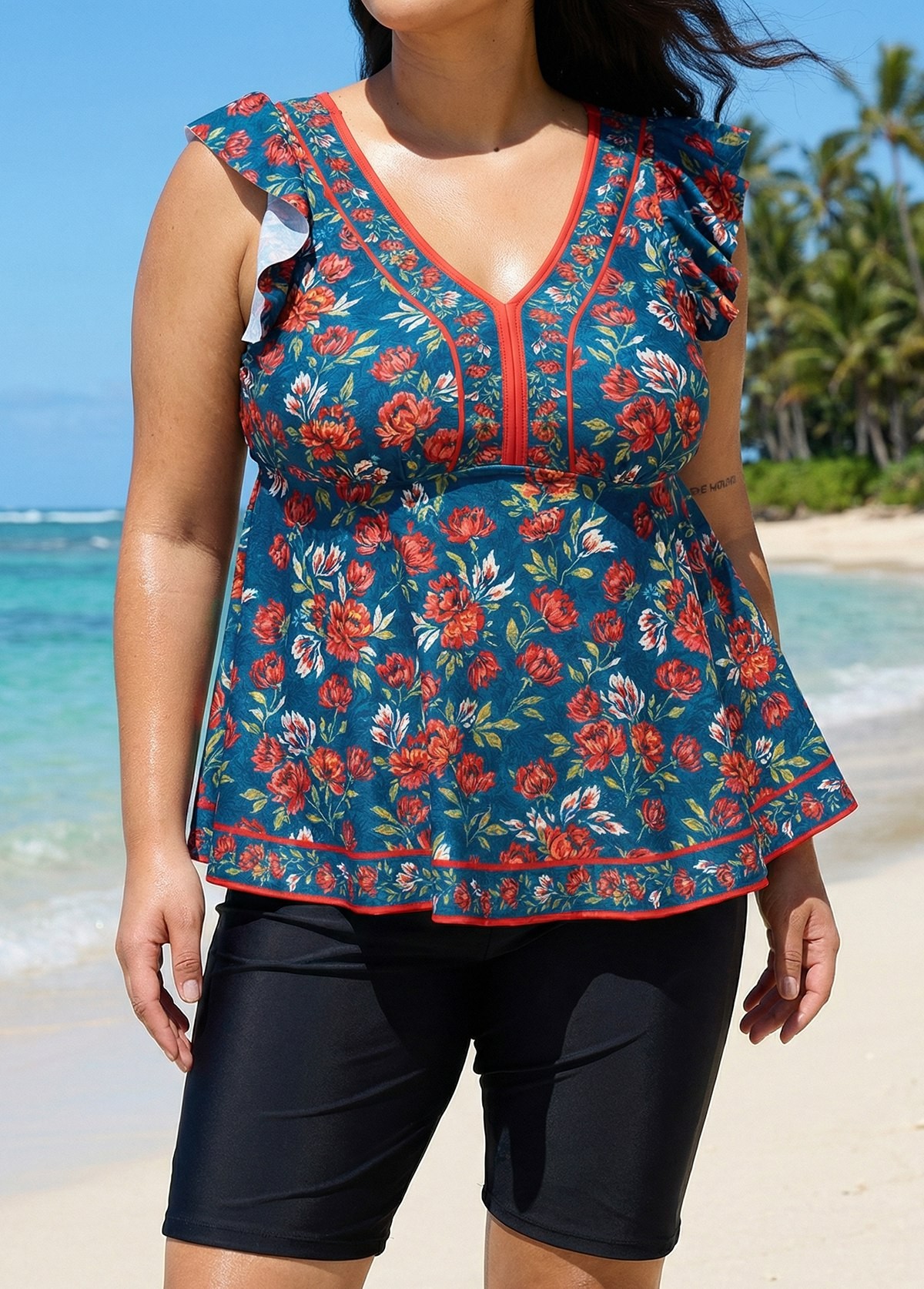 Curvy Blue Red Floral V Neck Cap Sleeves Vintage Ruffle Swimsuit Tankini Top