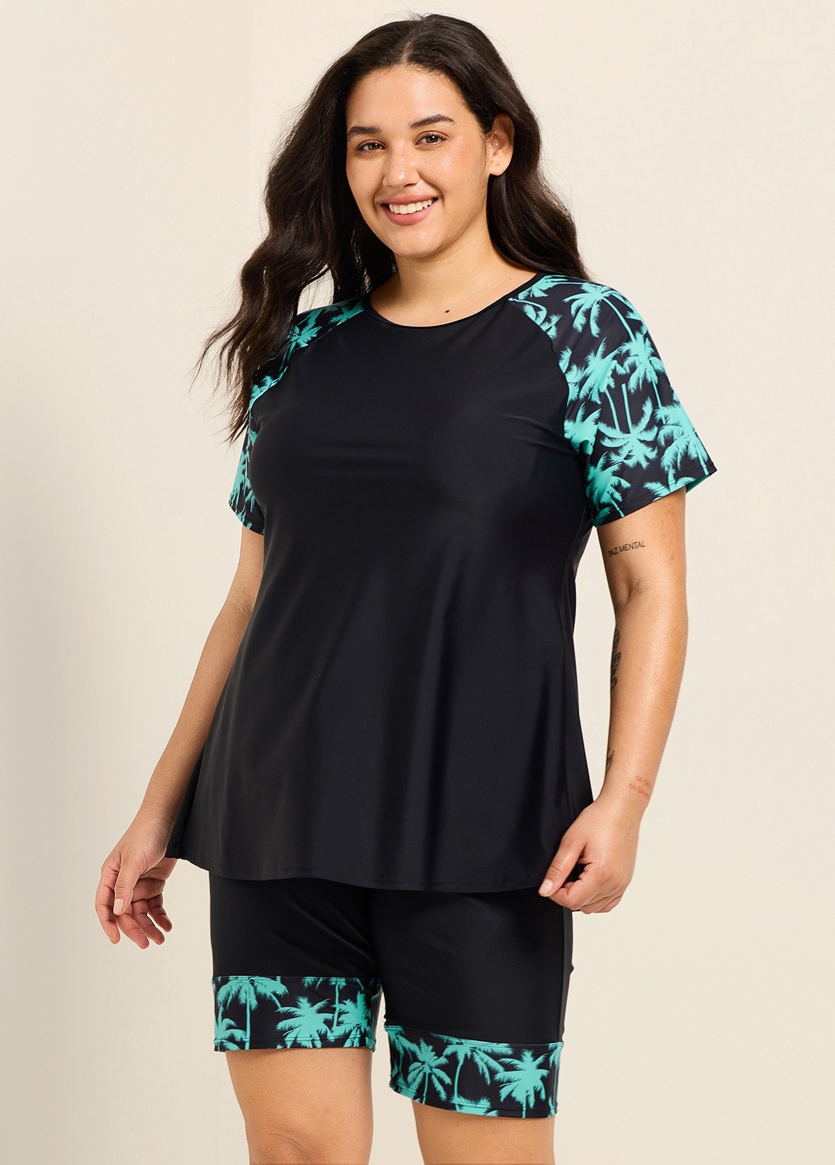 Black Plant High Neck Upf50+ Short Sleeves Curvy Women's Swimsuit Shirt Two Piece Tankini Set