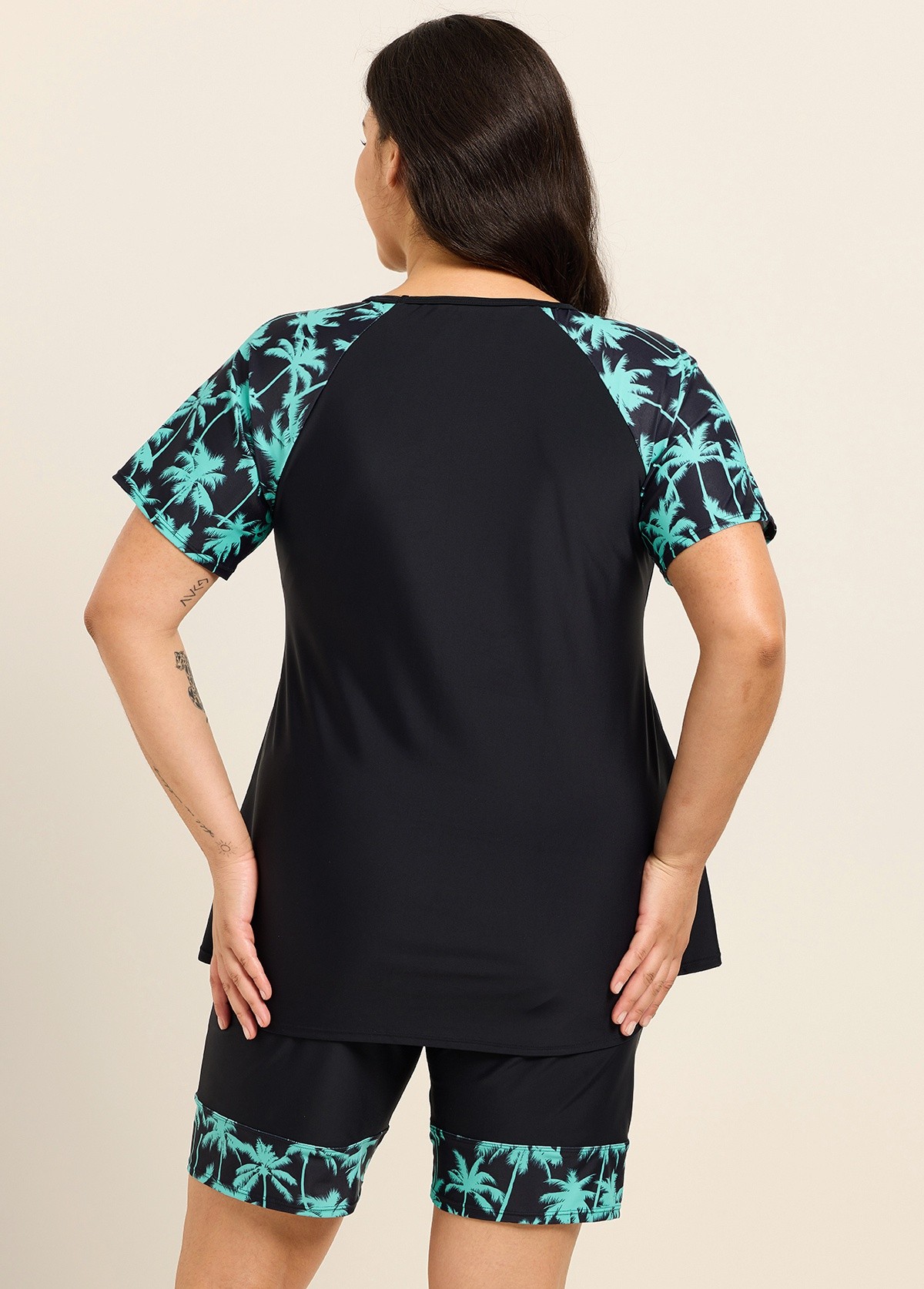 Black Plant High Neck Upf50+ Short Sleeves Curvy Women's Swimsuit Shirt Two Piece Tankini Set