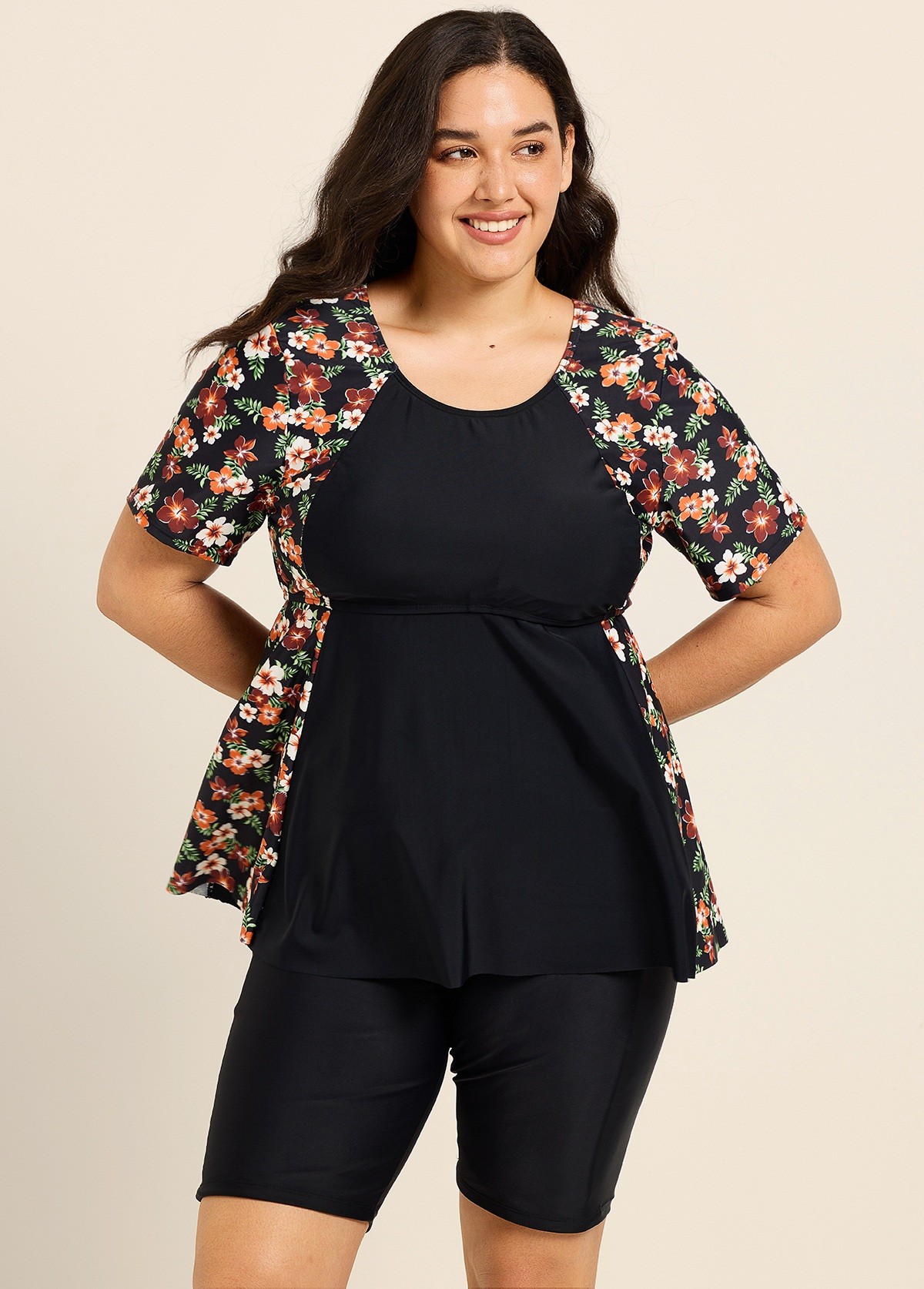 Black Floral Print Upf50+ Short Sleeves Vintage Plus Size Swimsuit Tankini Top