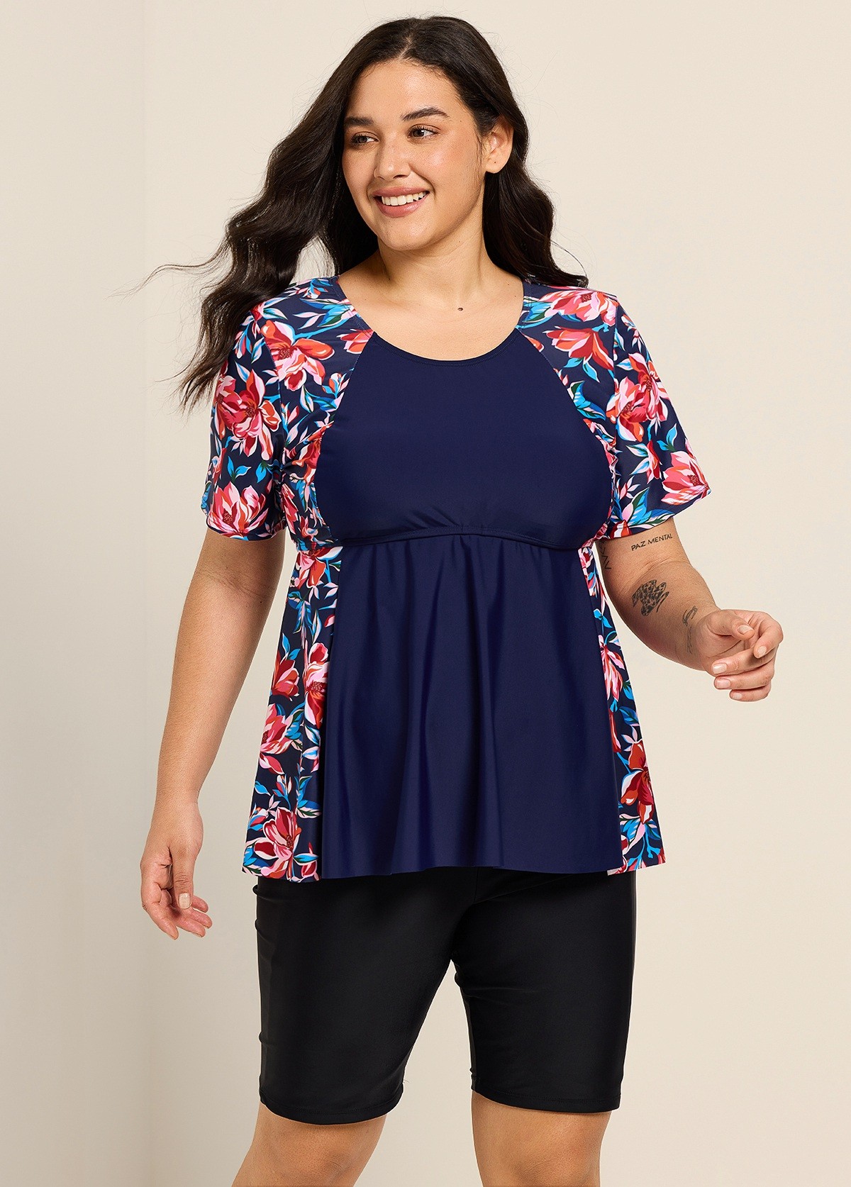 Curvy Red Floral Scoop Neck Upf50+ Short Sleeves Modest Women's Swimsuit Shirt Tankini Top