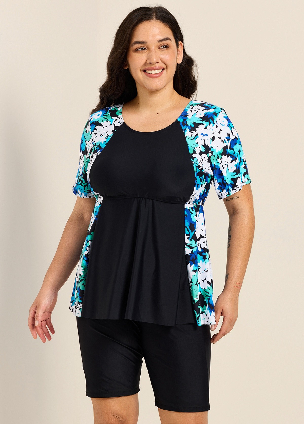 Plus Size Blue Floral Scoop Neck Upf50+ Short Sleeves Vintage Women's Swimsuit Shirt Tankini Top