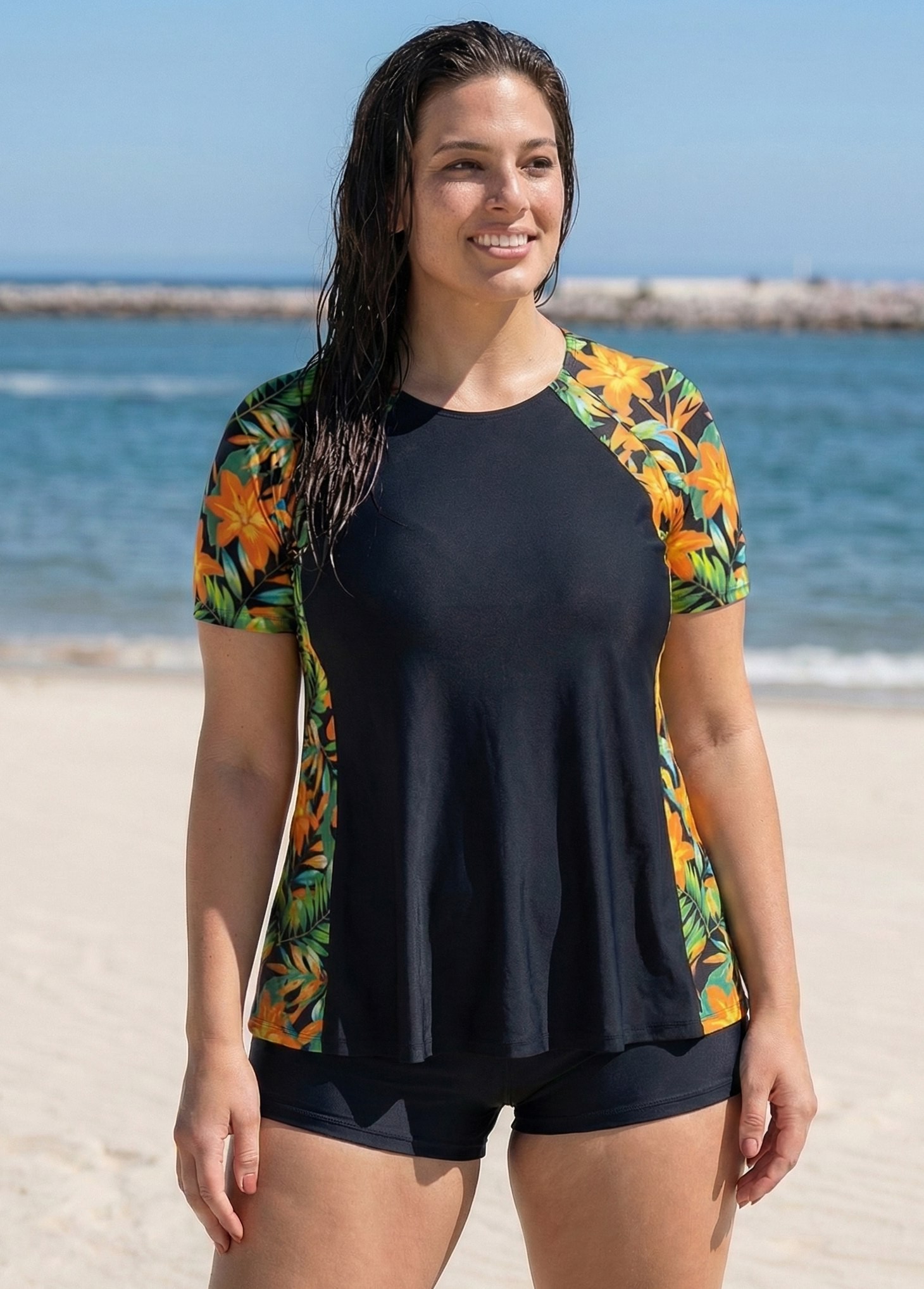 Orange Tropical Floral Print Upf50+ Short Sleeves Vintage Curvy Swimsuit Tankini Top