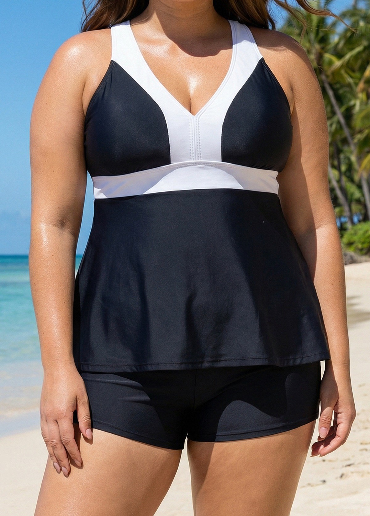 Black And White V Neck Ruffle Fashion Tankin Top