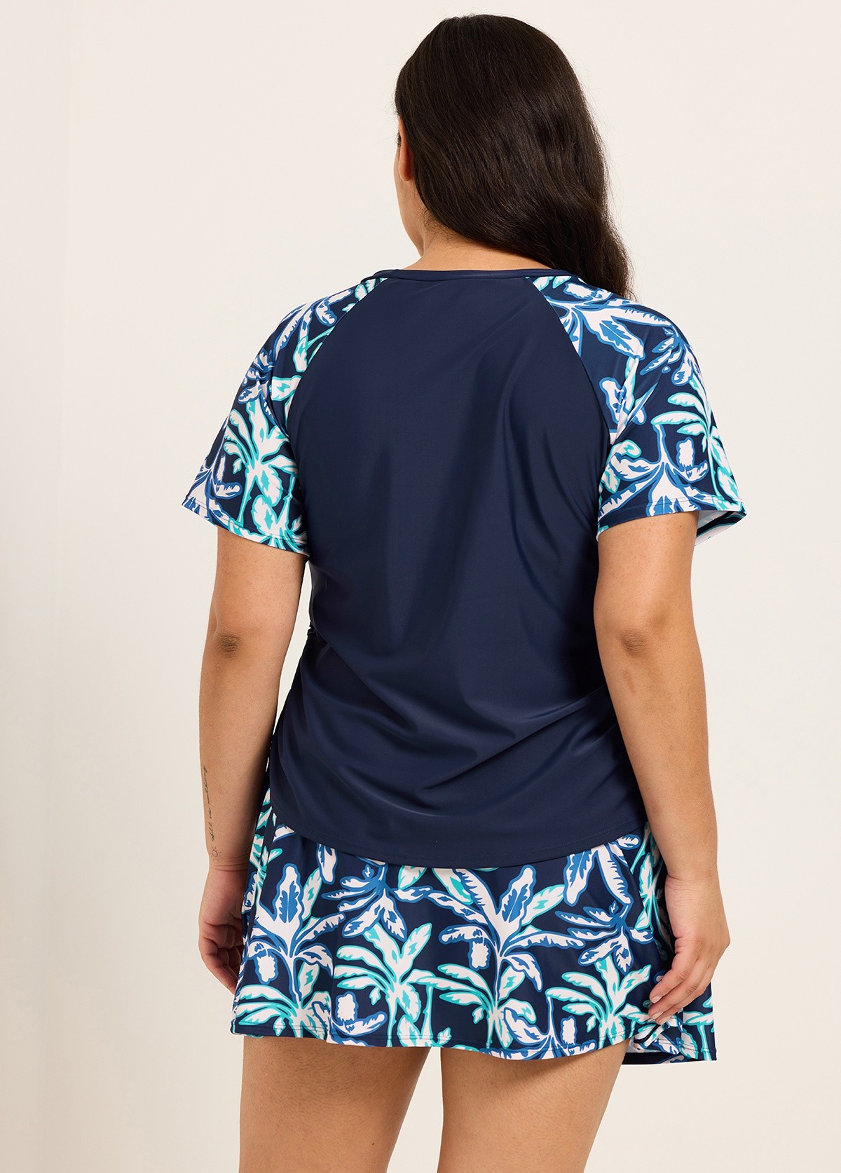 Plus Size Blue Leaf Upf50+ Short Sleeves Modest Side Drawstring Women's Swimsuit Tankini Top