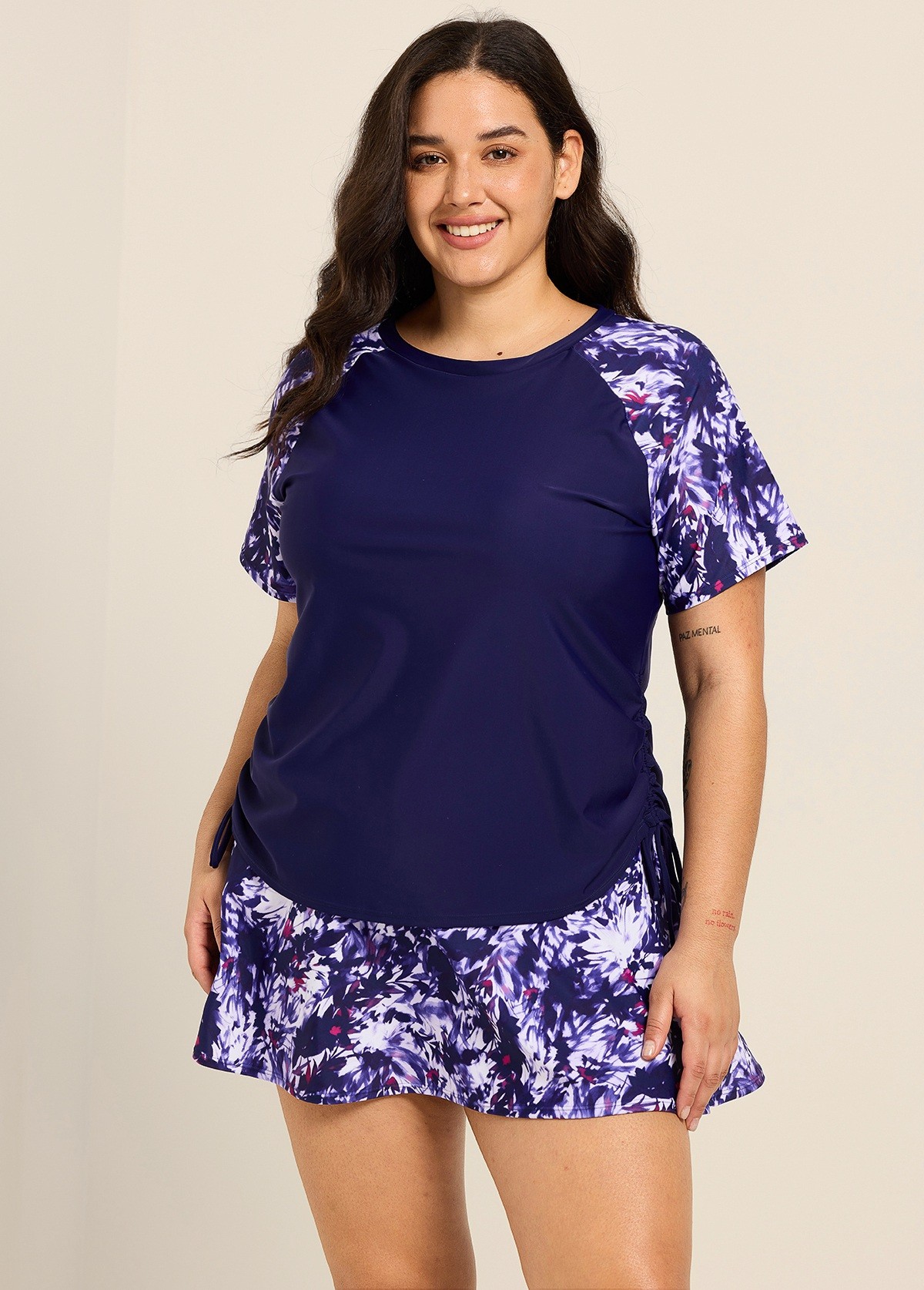 Purple Floral Upf50+ Short Sleeves Vintage Side Drawstring Curvy Women's Swimsuit Tankini Top