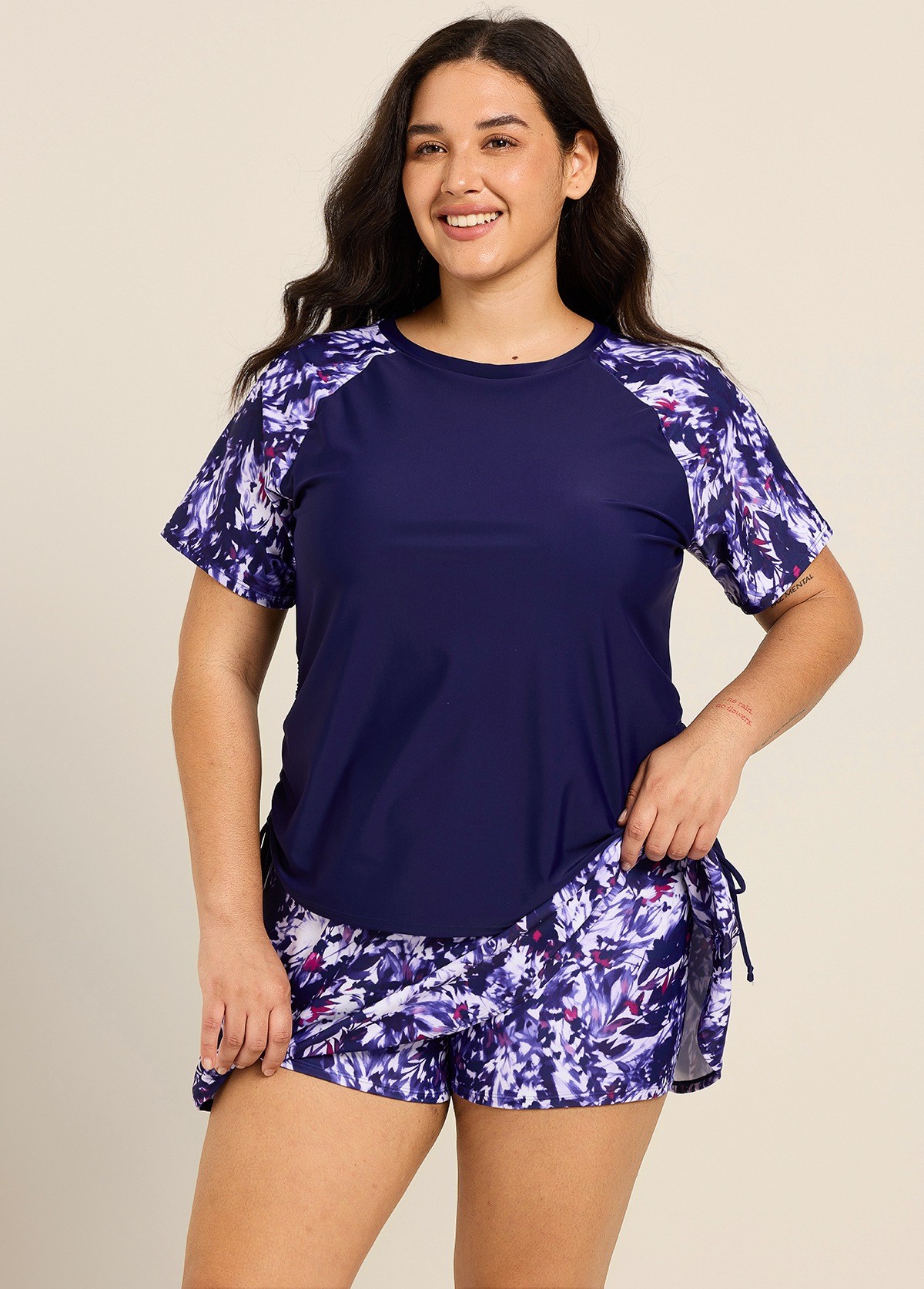 Purple Floral Upf50+ Short Sleeves Vintage Side Drawstring Curvy Women's Swimsuit Tankini Top