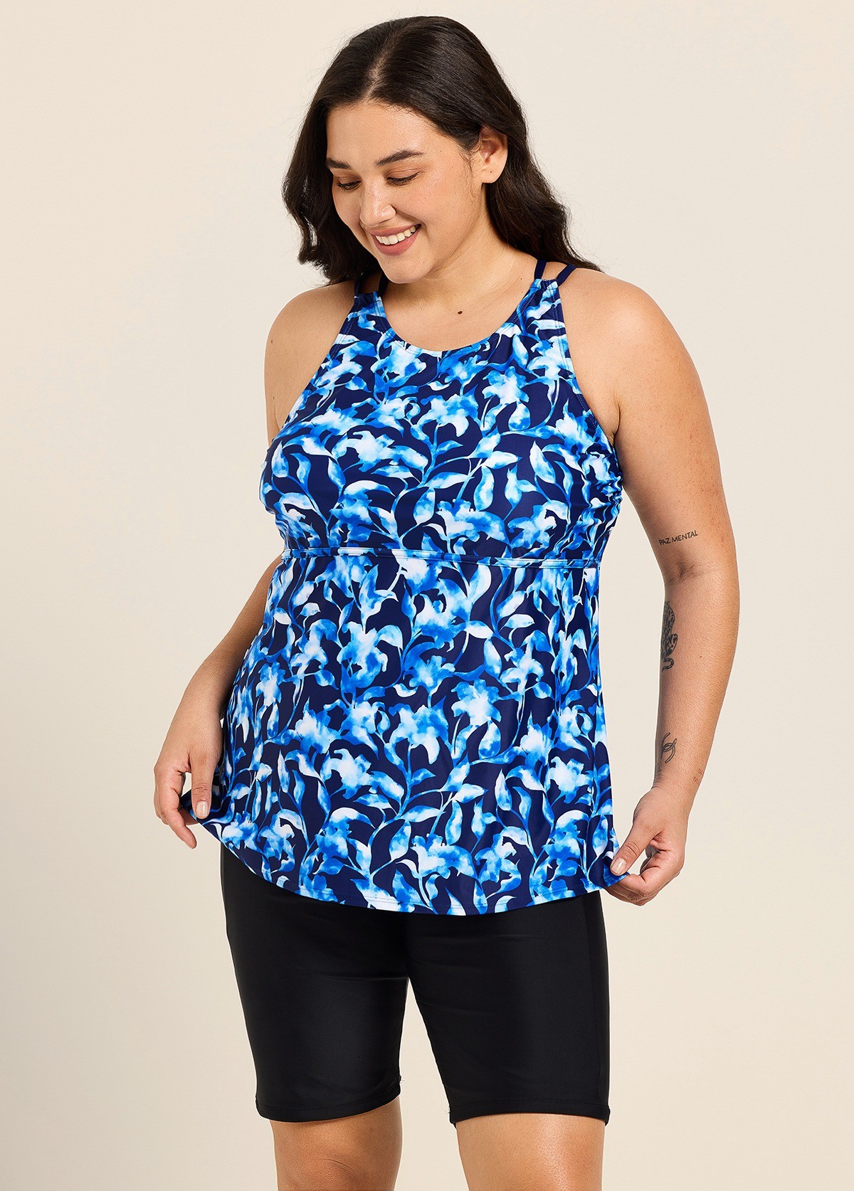 Blue Floral Print High Neck Flattering Curvy Women's Swimsuit Tankini Top