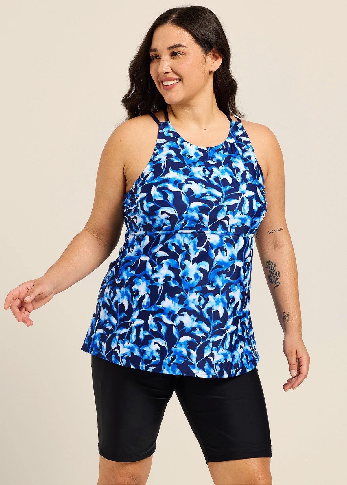 Blue Floral Print High Neck Flattering Curvy Women's Swimsuit Tankini Top