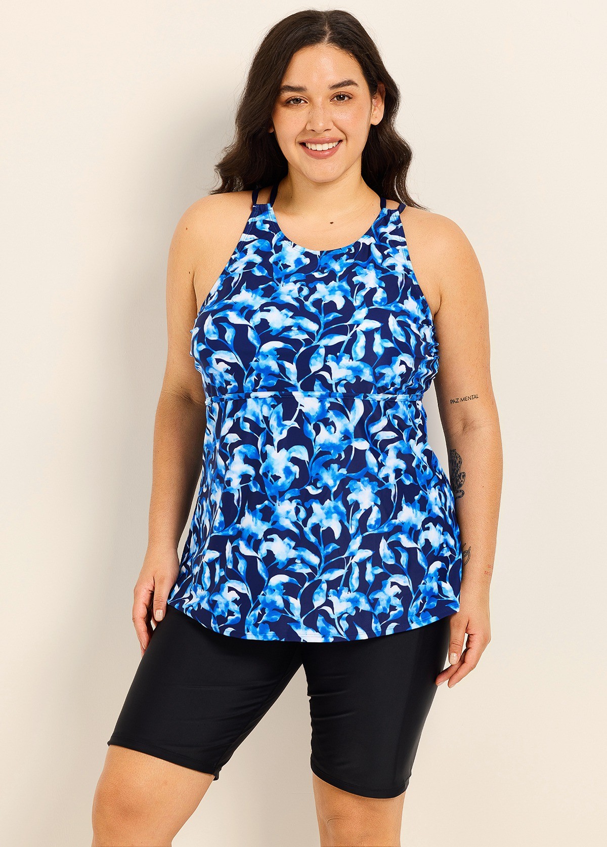 Blue Floral Print High Neck Flattering Curvy Women's Swimsuit Tankini Top