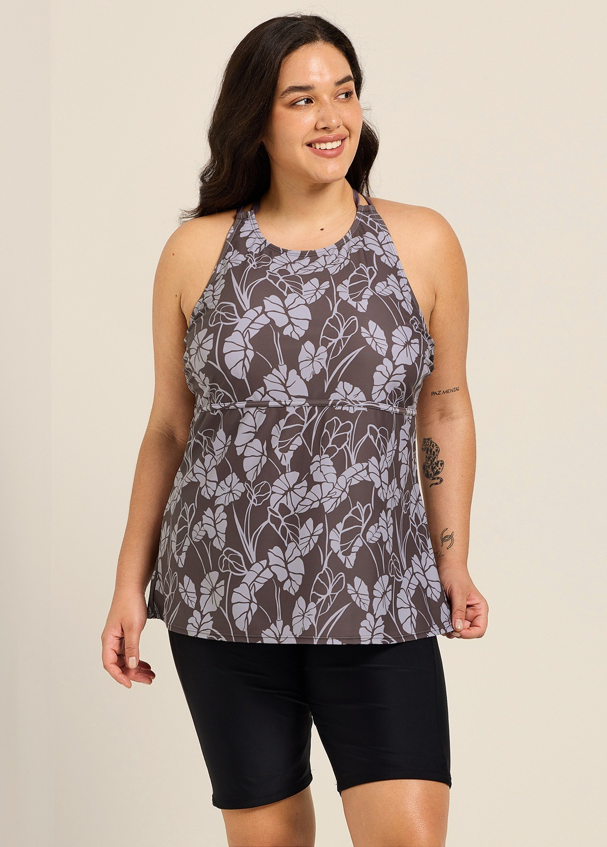 Curvy Brown Tropical Leaf High Neck Vintage Women's Swimsuit Tankini Top