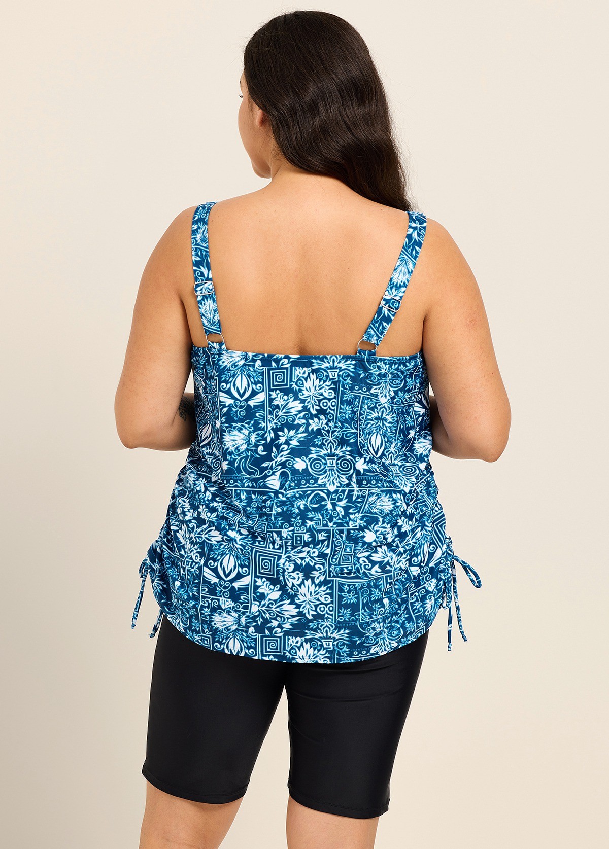 Navy Blue Floral Scoop Neck Vintage Drawstring Plus Size Women's Swimsuit Tankini Top