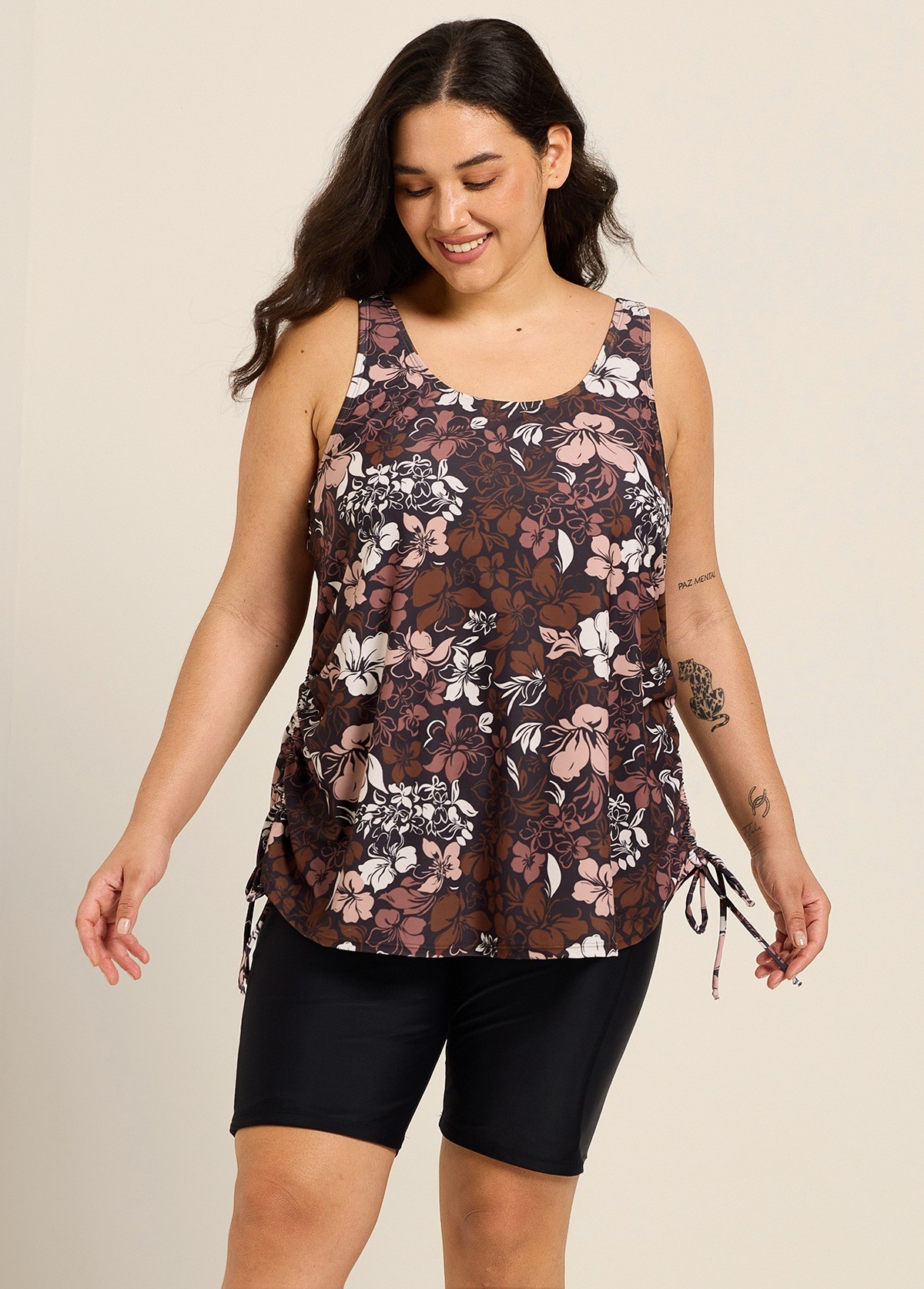 Brown Floral Scoop Neck Flattering Drawstring Curvy Women's Swimsuit Tankini Top