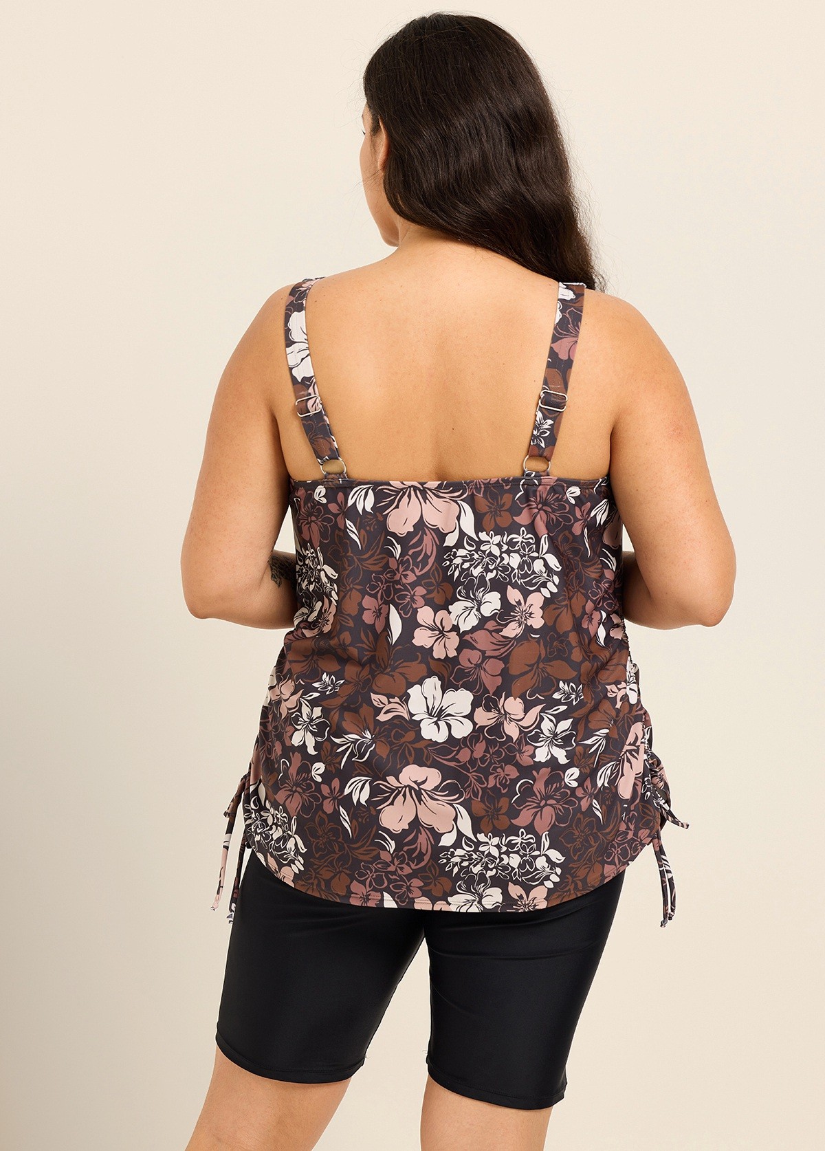 Brown Floral Scoop Neck Flattering Drawstring Curvy Women's Swimsuit Tankini Top