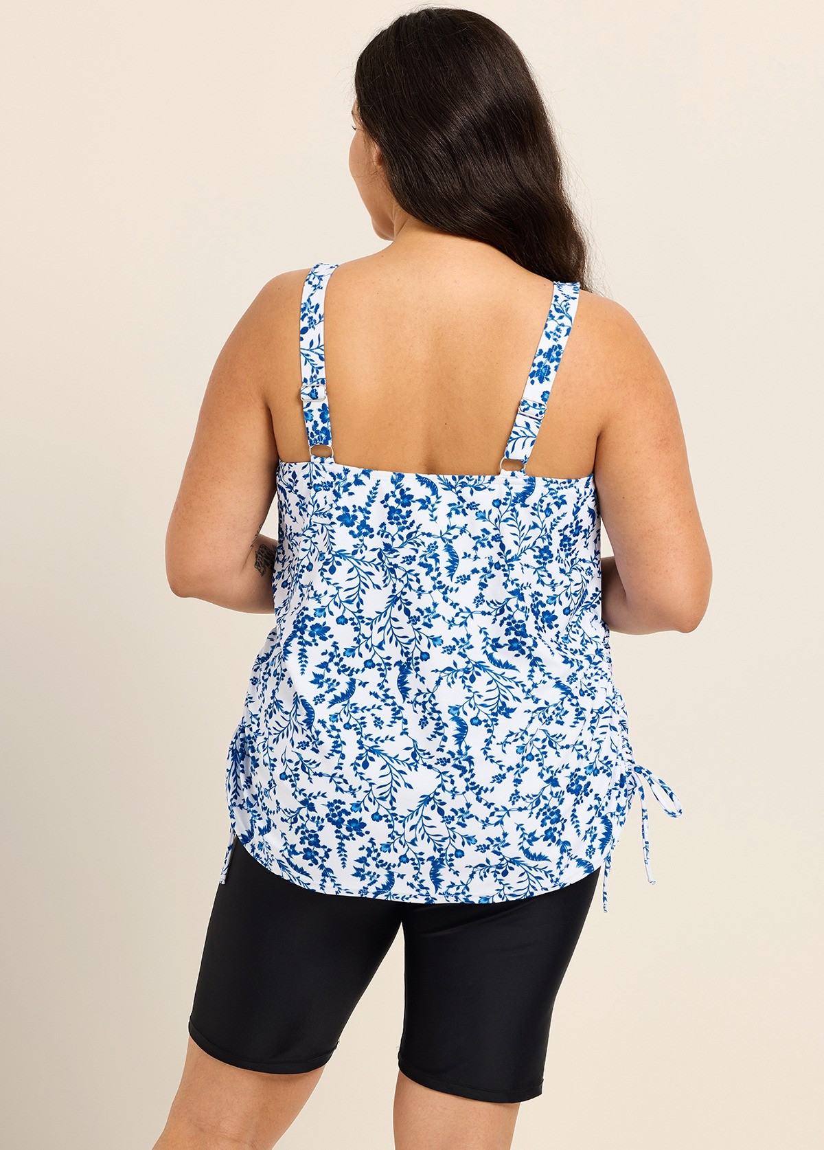 Plus Size Blue Floral Print Scoop Neck Modest Drawstring Women's Swimsuit Tankini Top