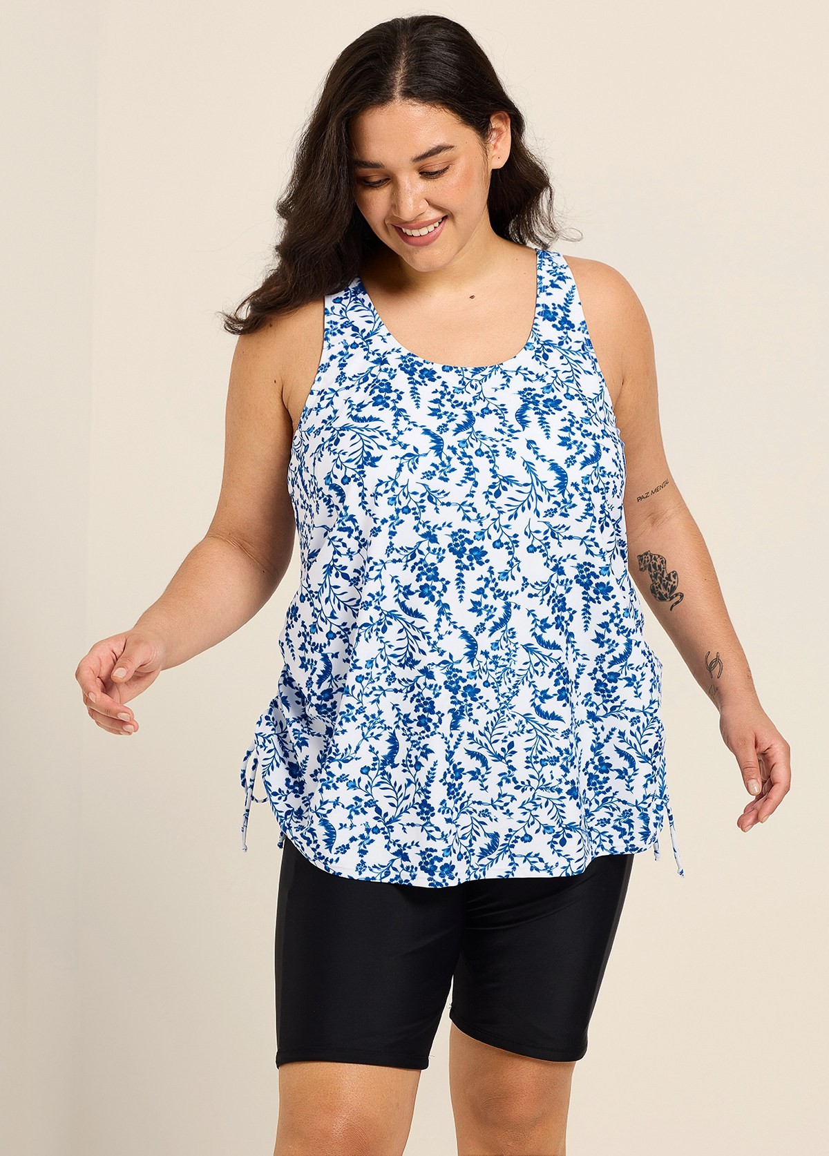 Plus Size Blue Floral Print Scoop Neck Modest Drawstring Women's Swimsuit Tankini Top