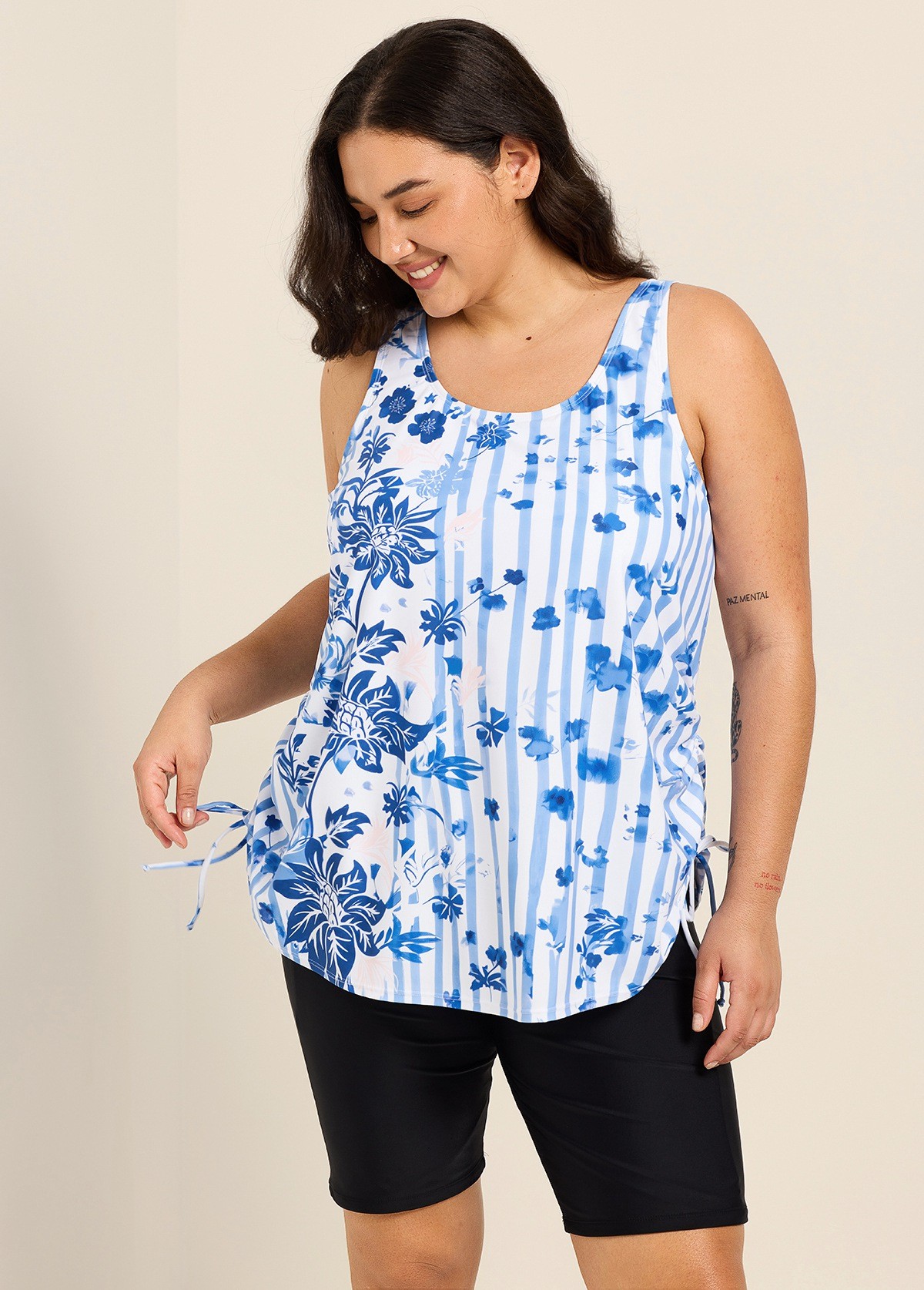 Curvy White Blue Floral Stripe Scoop Neck Vintage Drawstring Women's Swimsuit Tankini Top