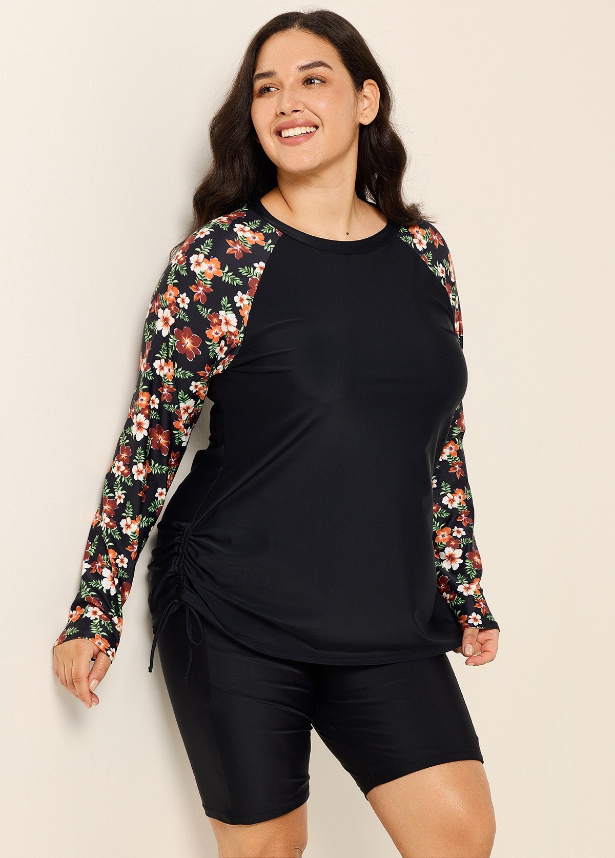 Black Floral Print Upf50+ Long Sleeves Modest Drawstring Plus Size Women's Swimsuit Tankini Top